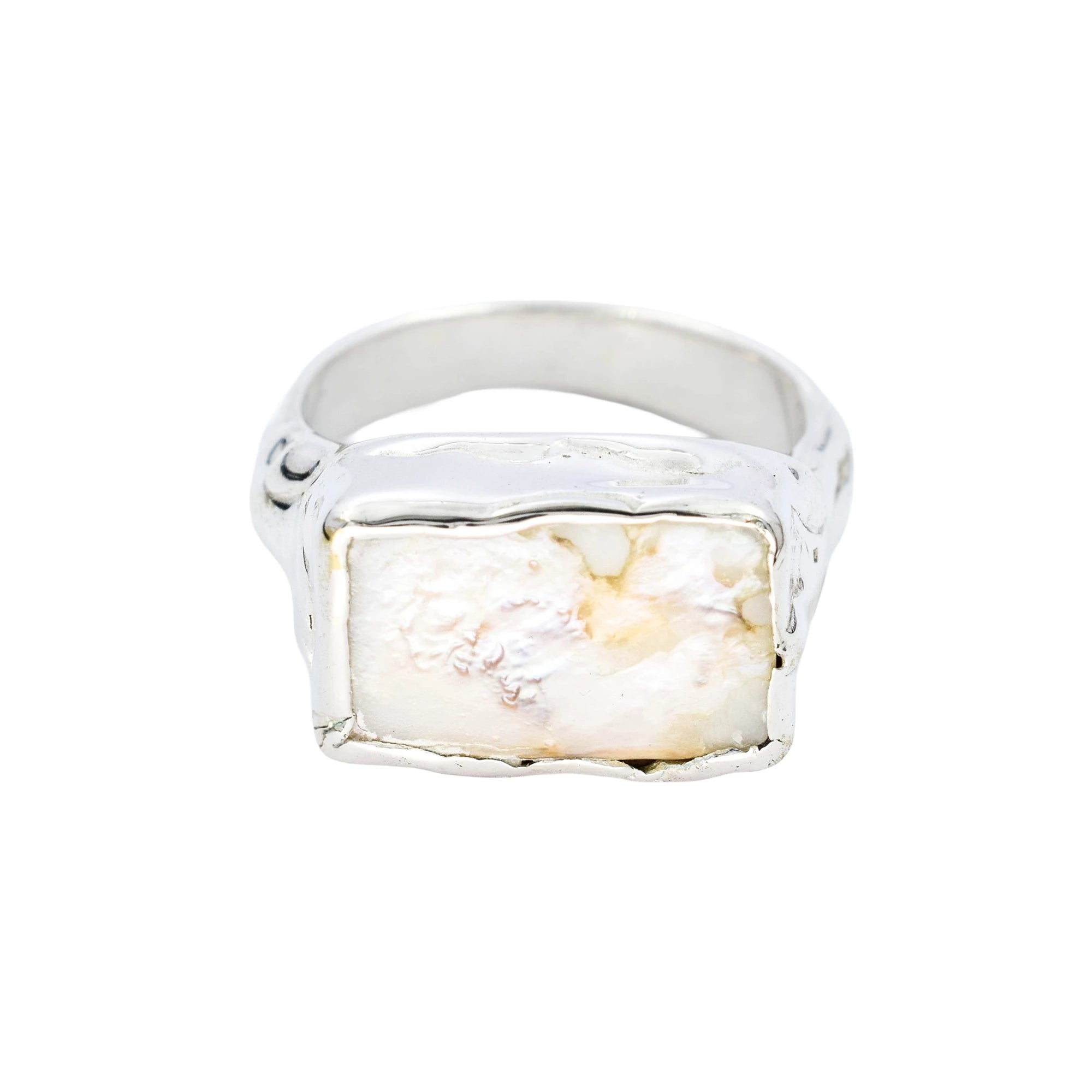 Silver ring with a large rectangular stone on a white background