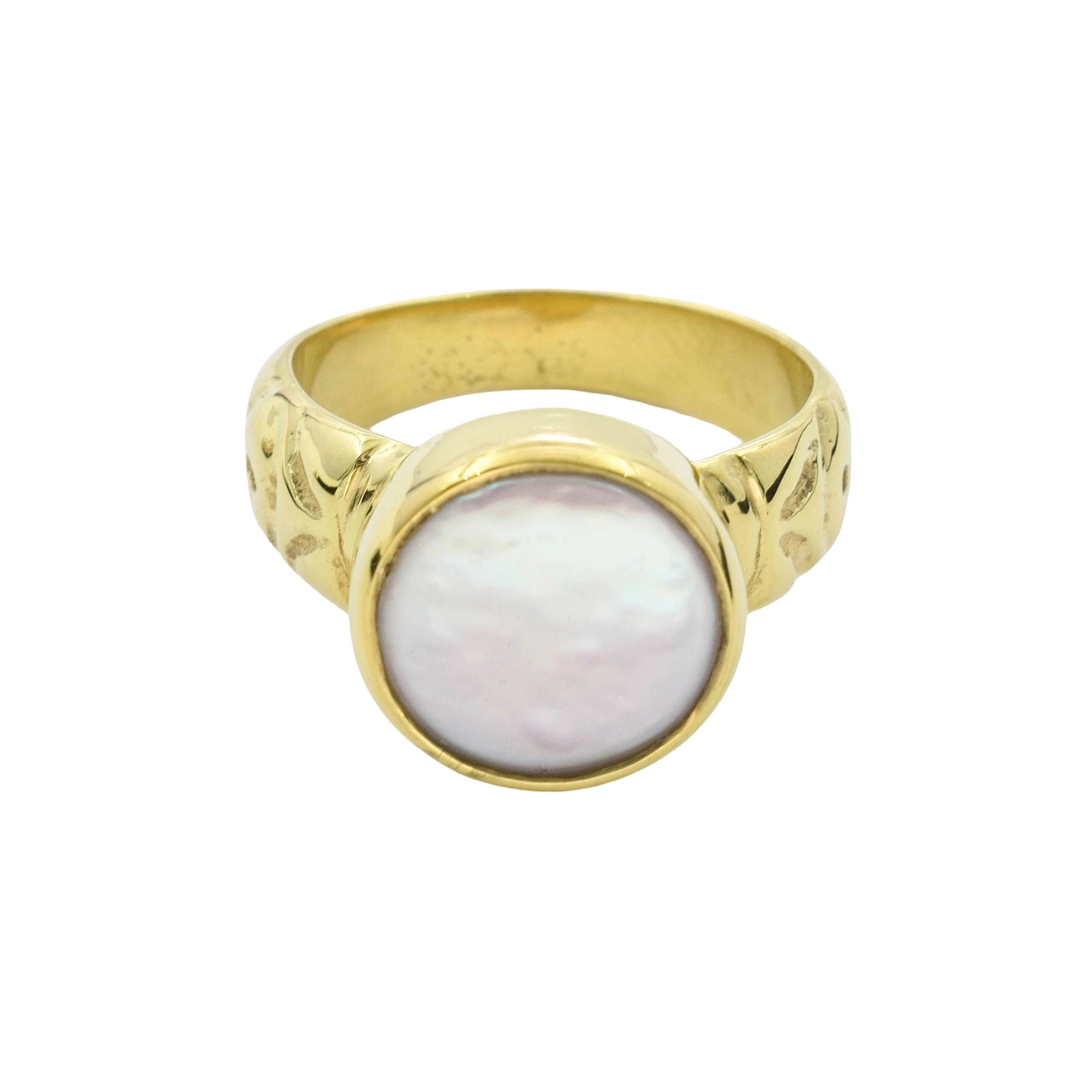 A gold signet ring featuring a round, lustrous white mother-of-pearl cabochon on a plain white background.
