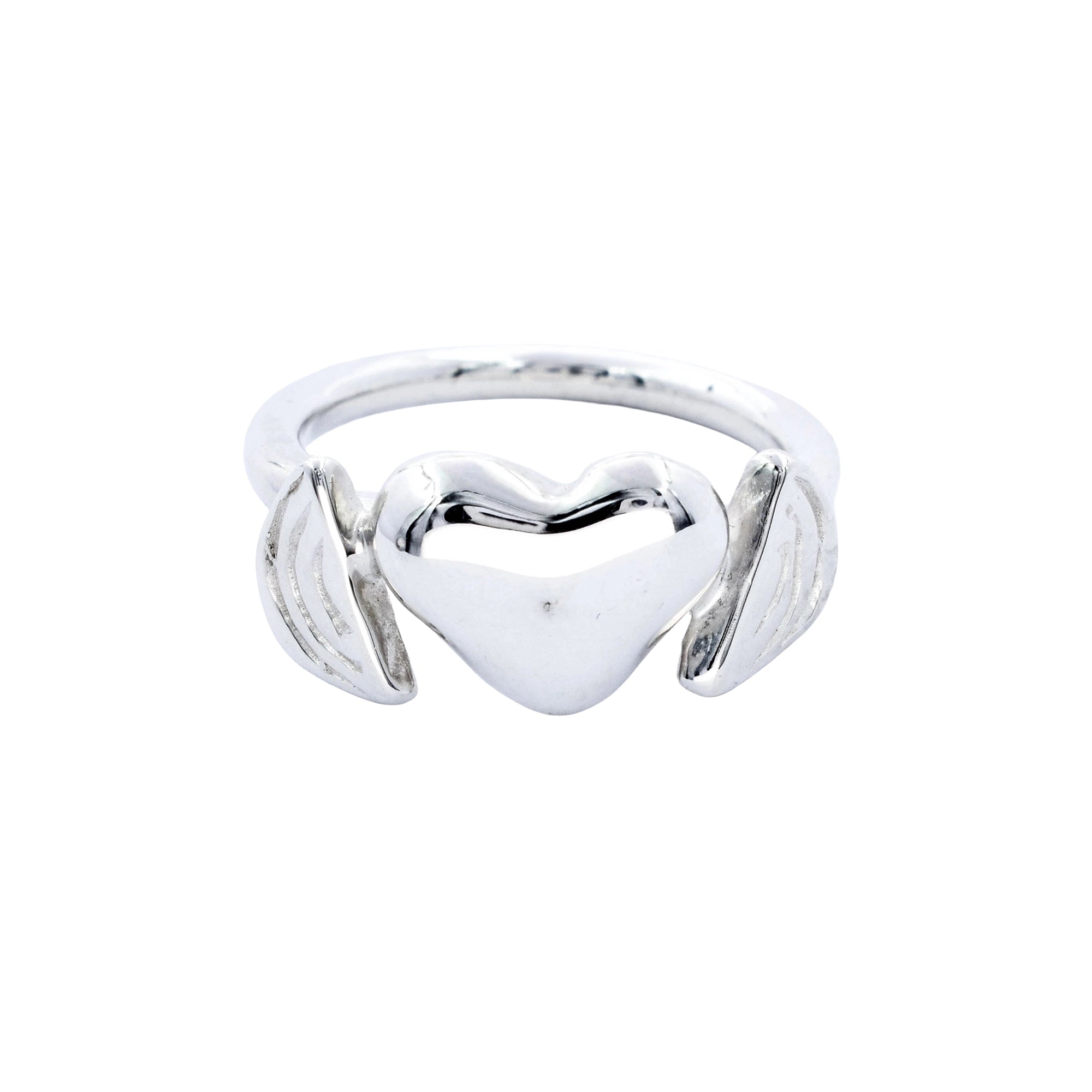 A polished silver ring featuring a central heart motif flanked by two textured wing-like side elements, shown on a plain white background.