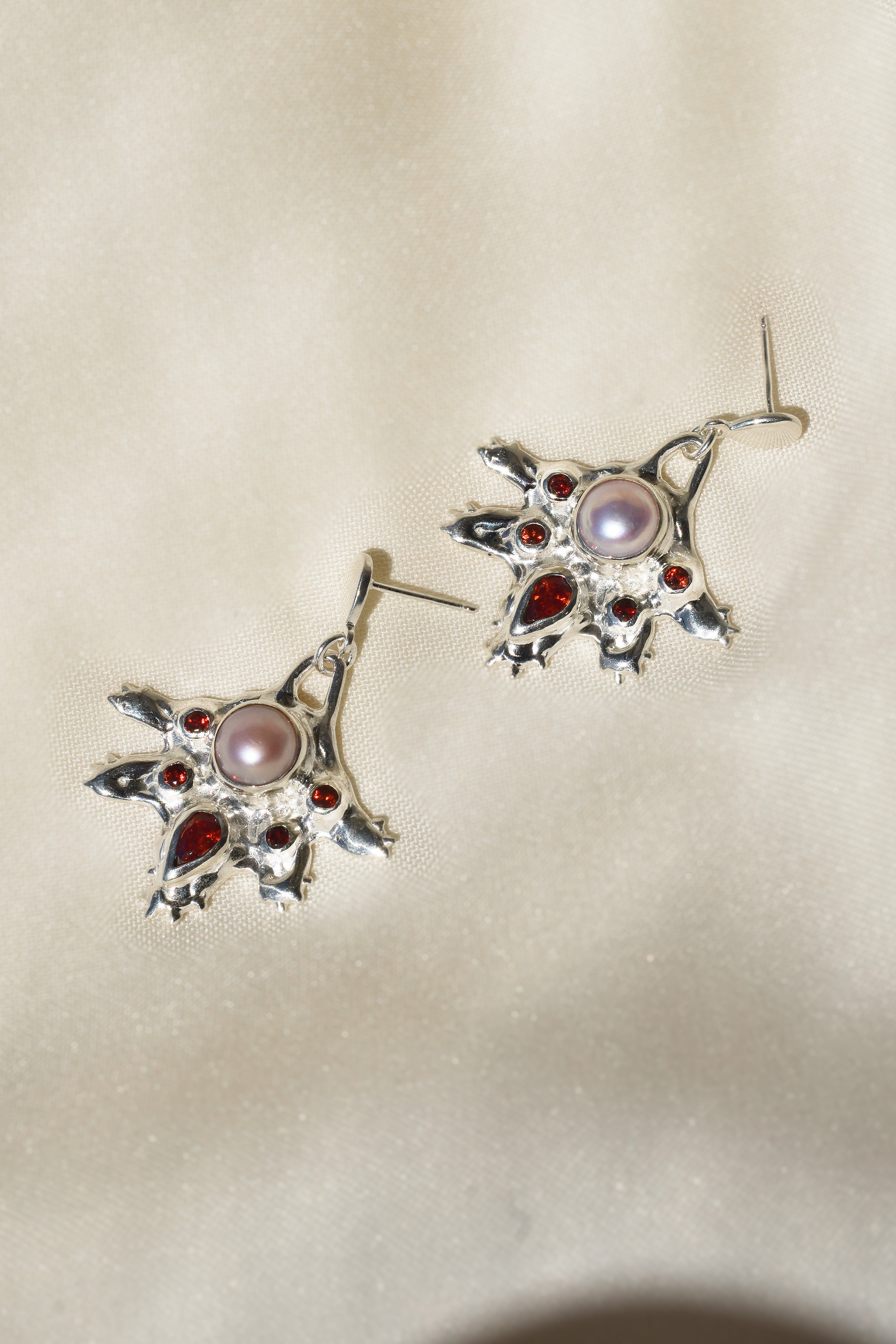Sterling silver statement earrings with pink pearls & red garnets