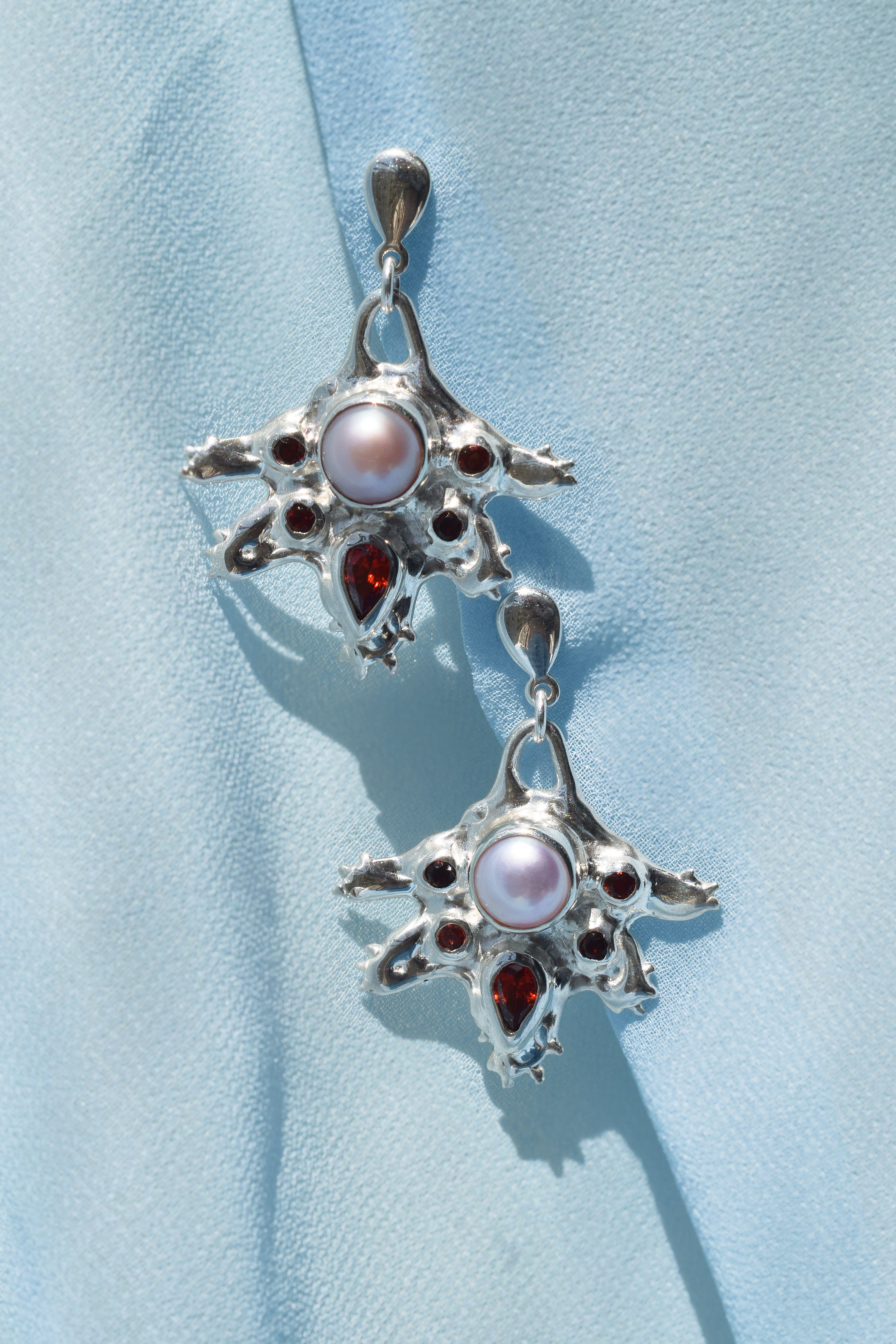 Sterling silver statement earrings with pink pearls & red garnets