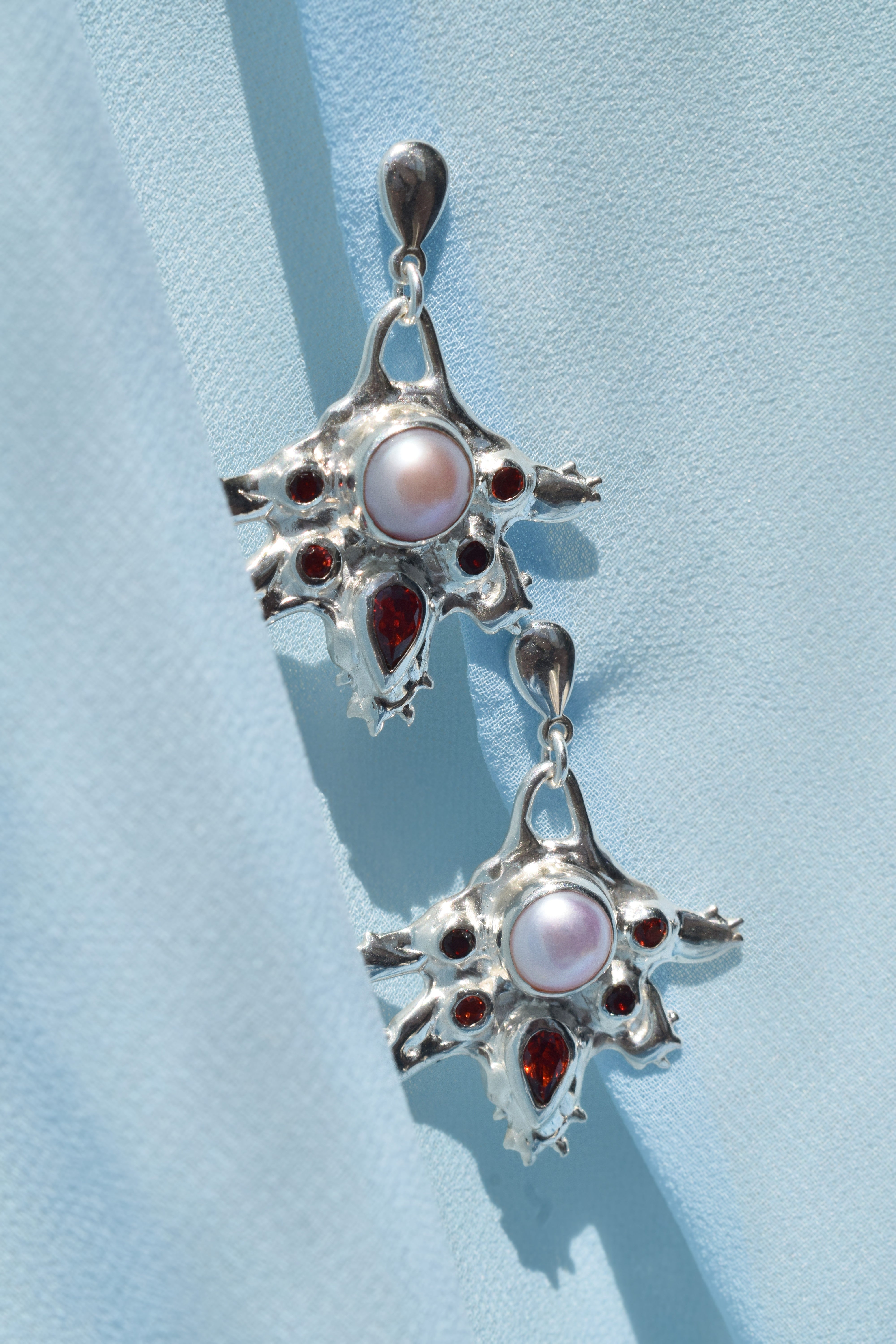 Sterling silver statement earrings with pink pearls & red garnets