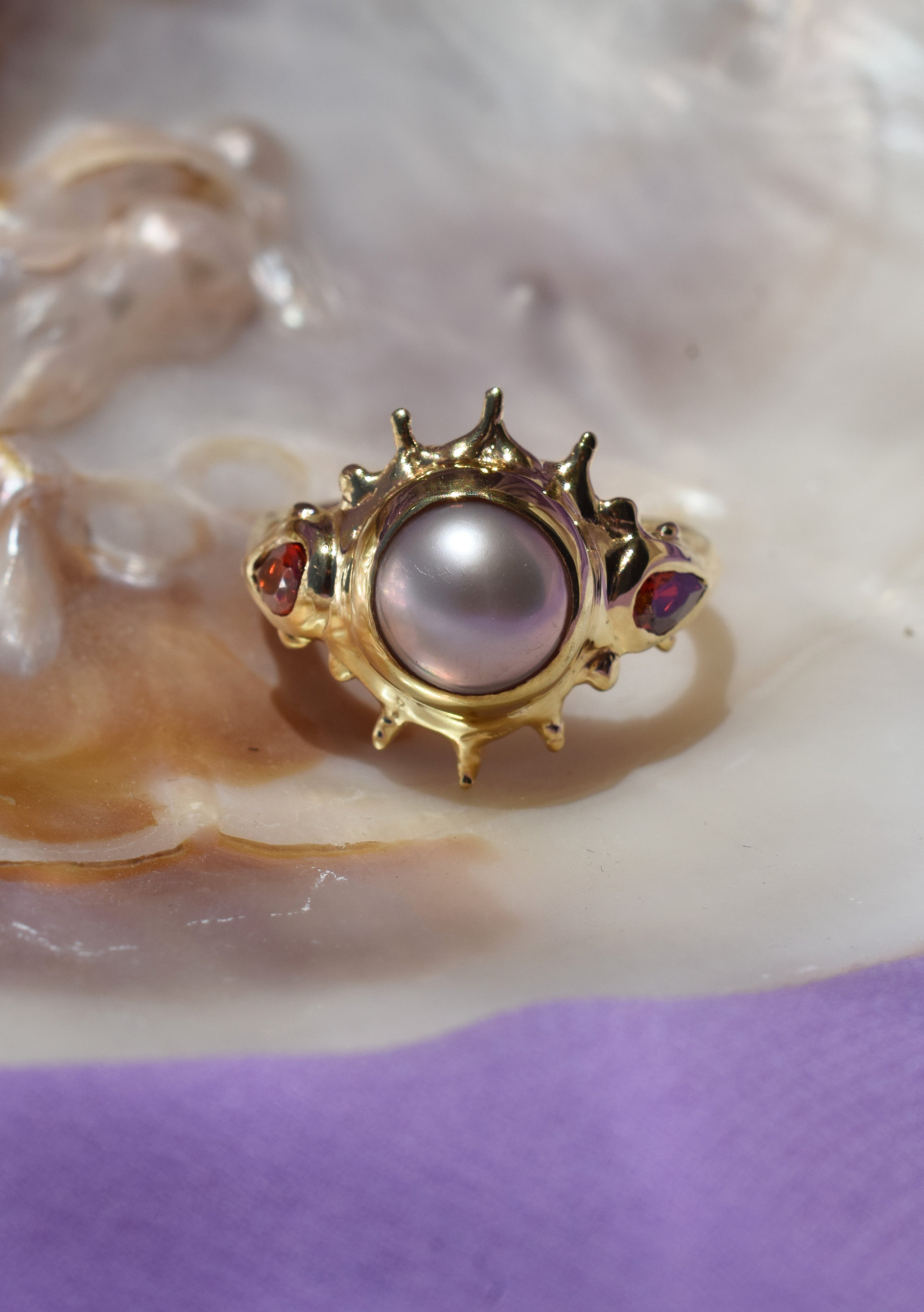 Pearl sun ring with garnet accents – Statement cocktail ring