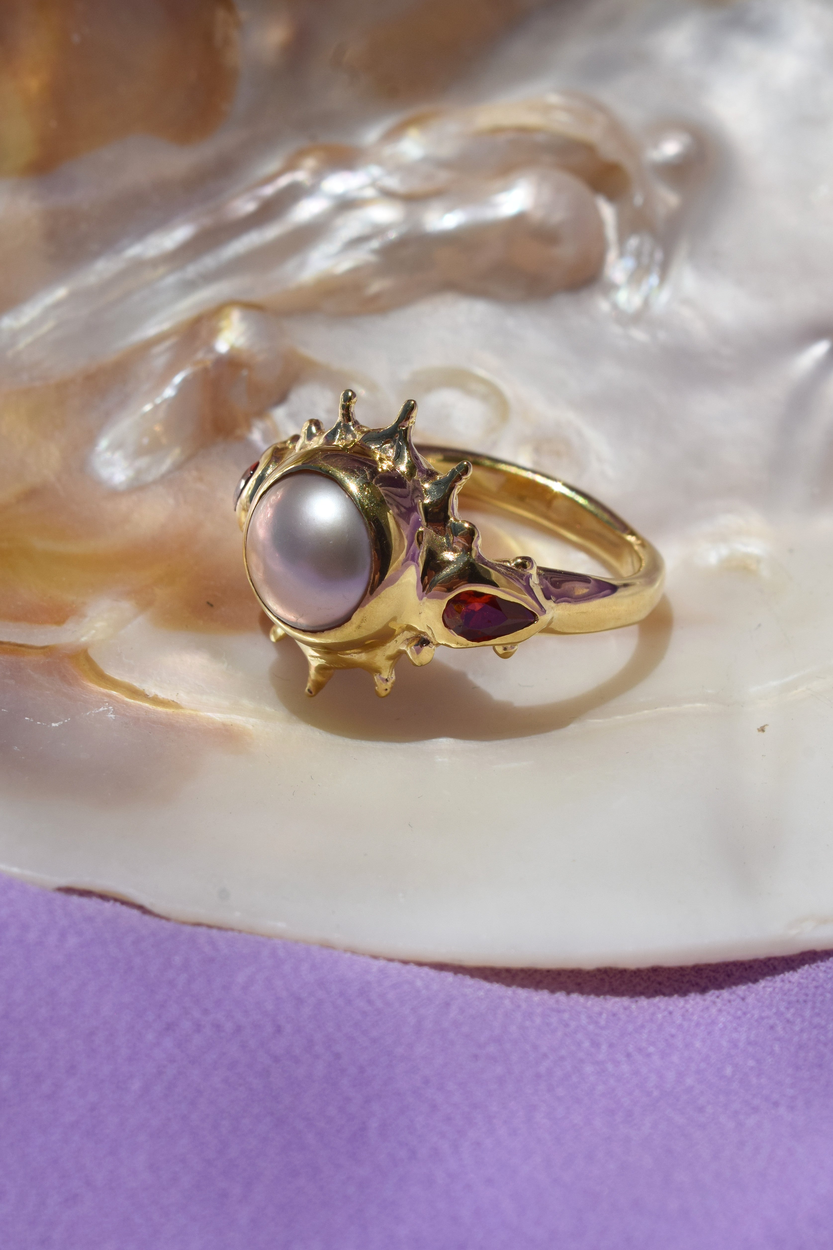Pearl sun ring with garnet accents – Statement cocktail ring