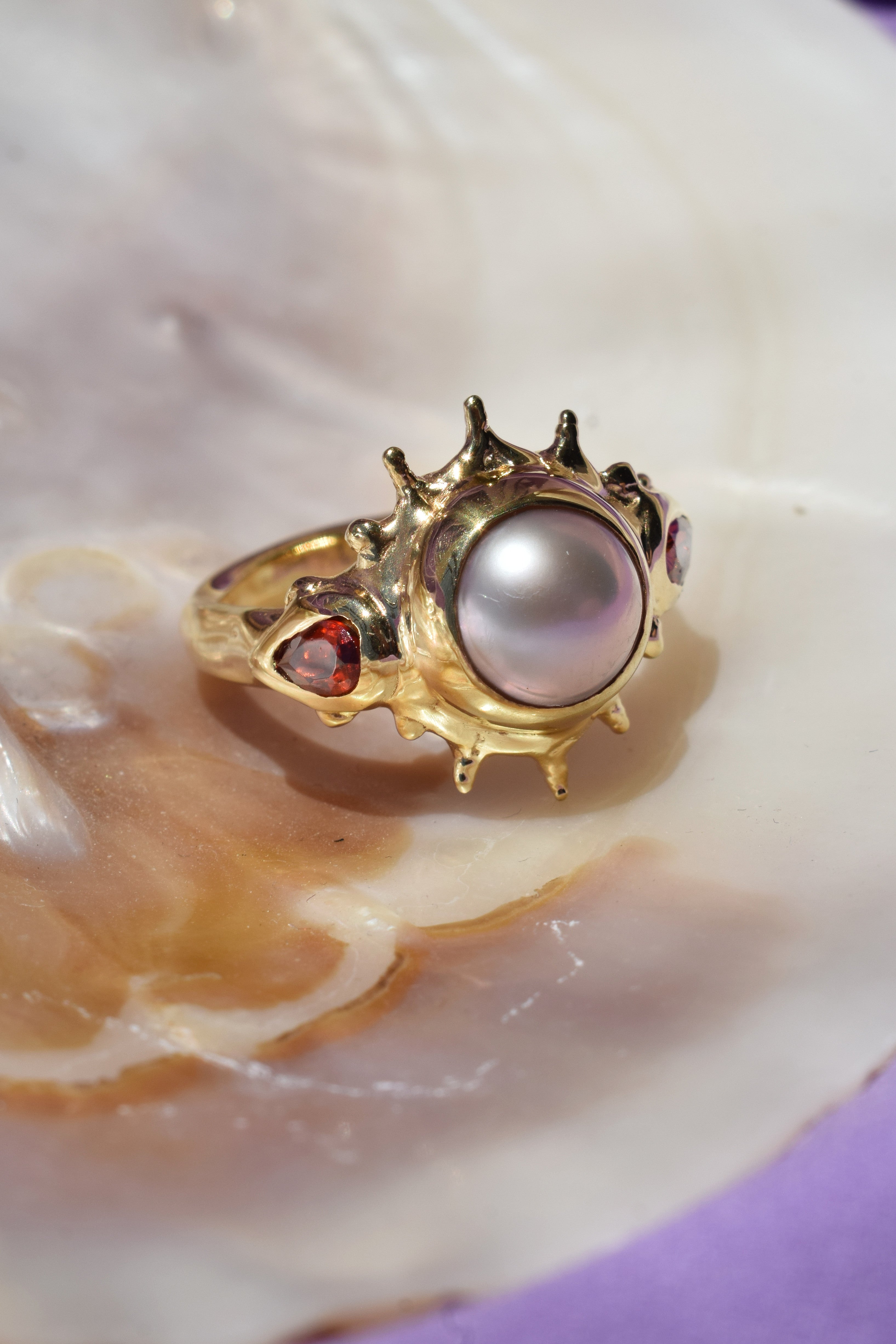 Pearl sun ring with garnet accents – Statement cocktail ring