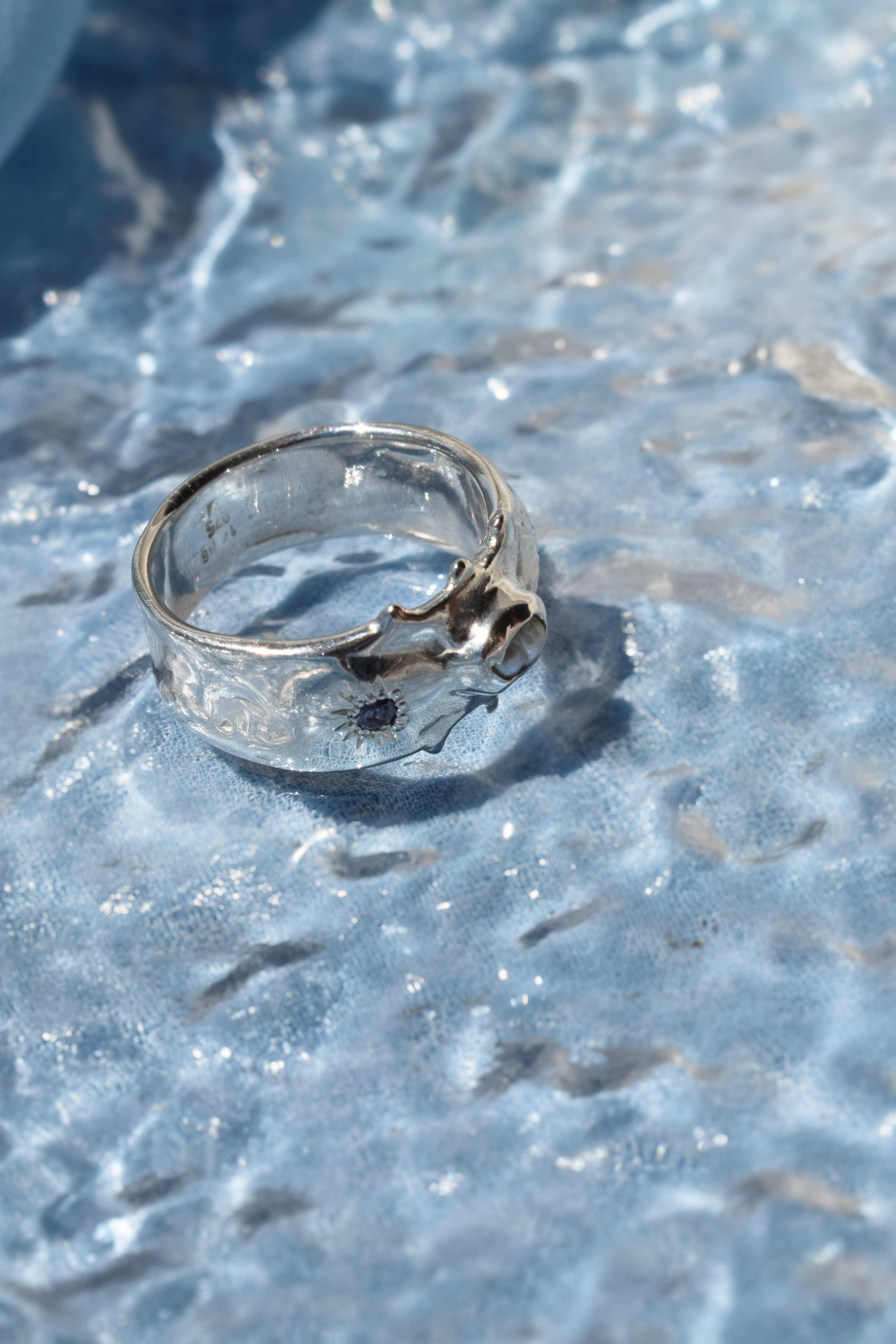 Silver pearl & purple cz crystals wide band ring