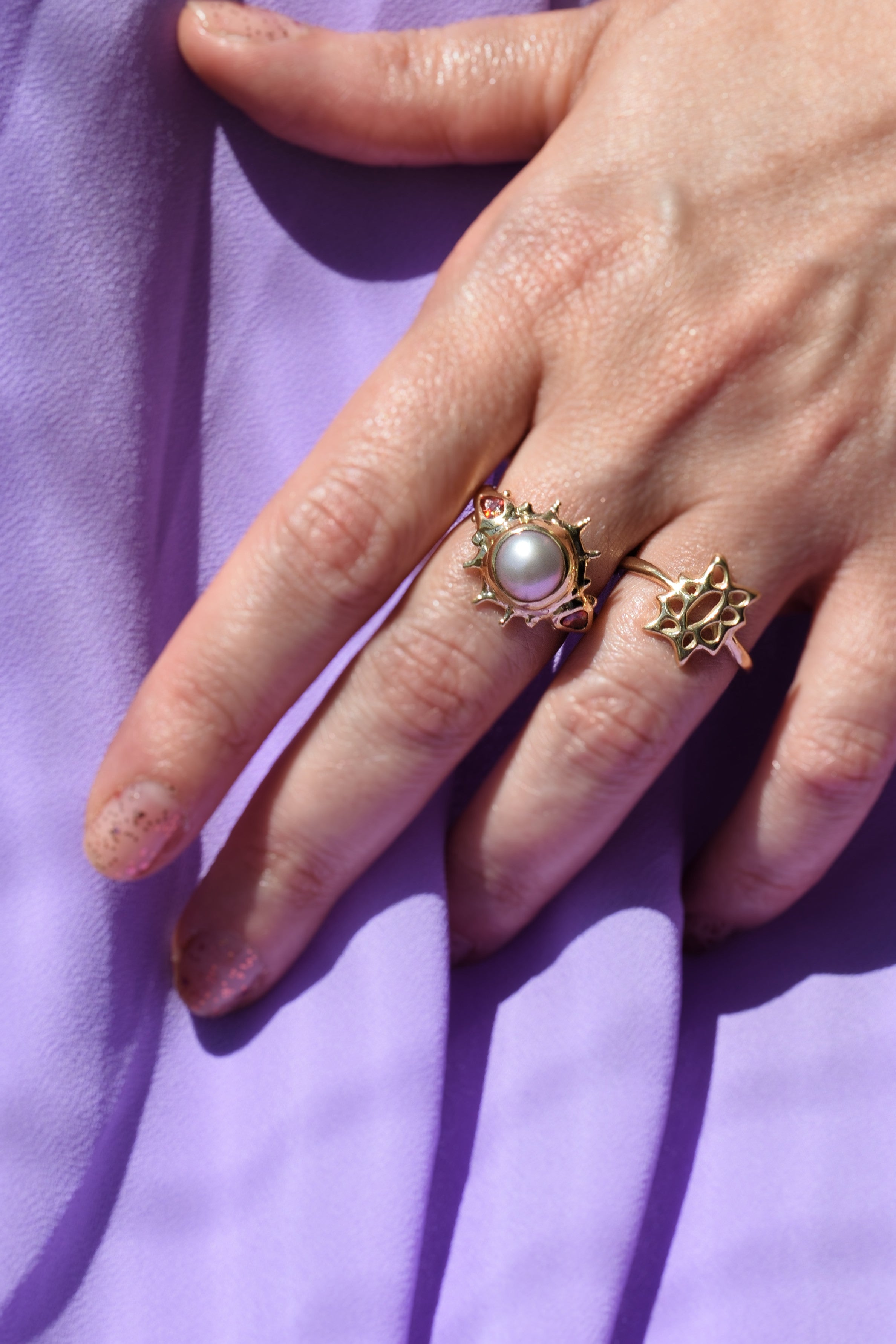 Pearl sun ring with garnet accents – Statement cocktail ring