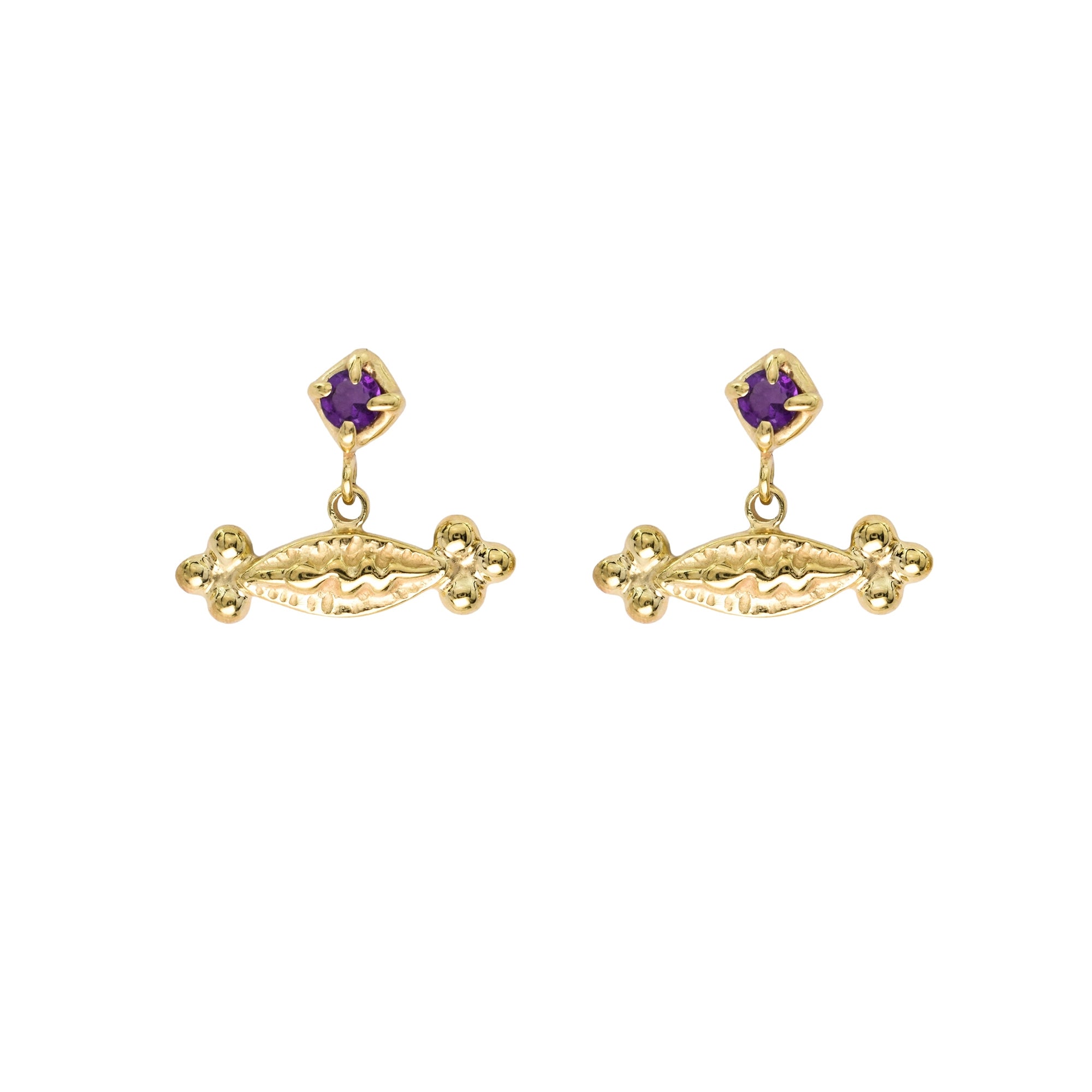 A pair of gold dangle earrings with a small purple gemstone at the top and an ornate curved gold bar below, shown on a plain white background.
