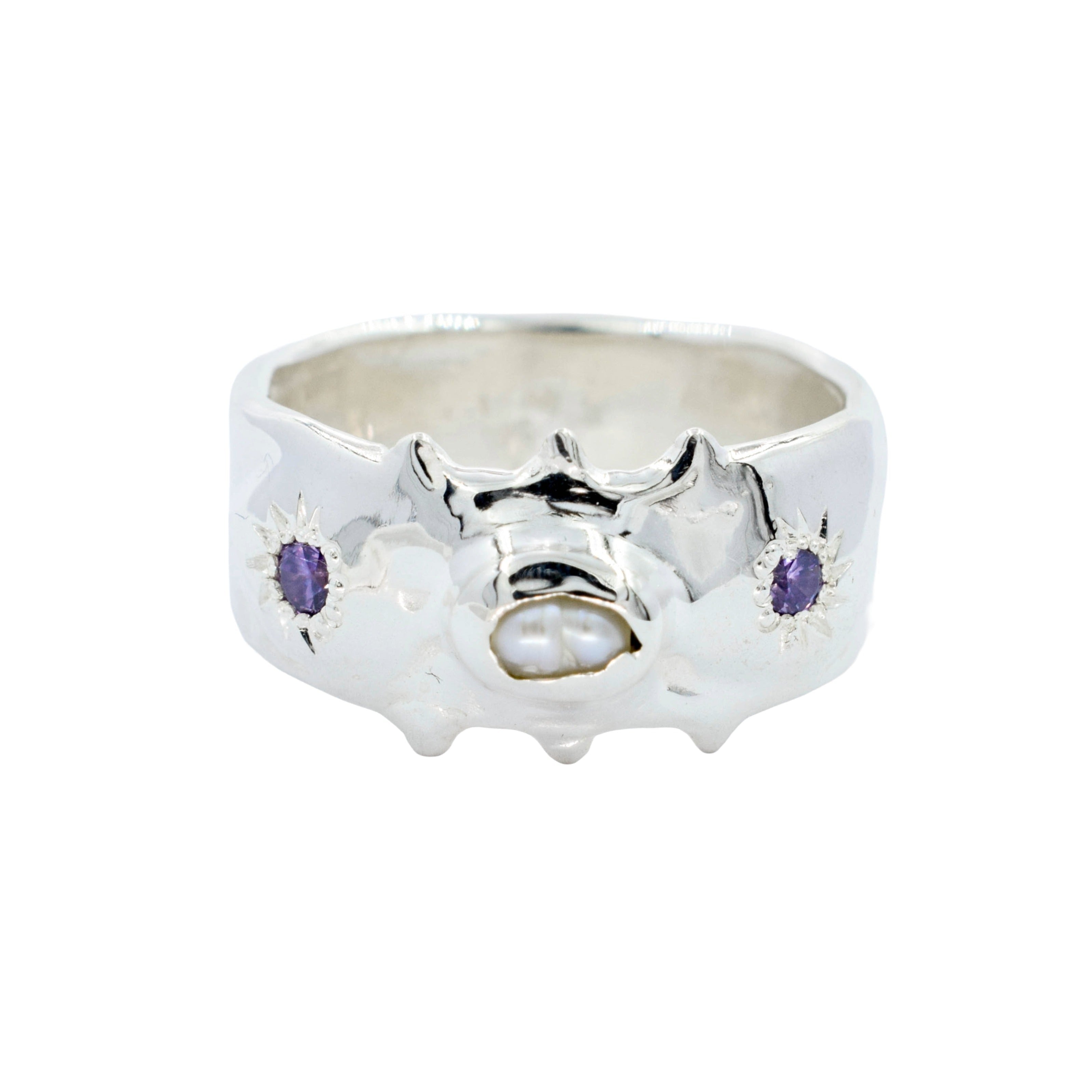 wide band ring with pearl and purple cubic zirconia