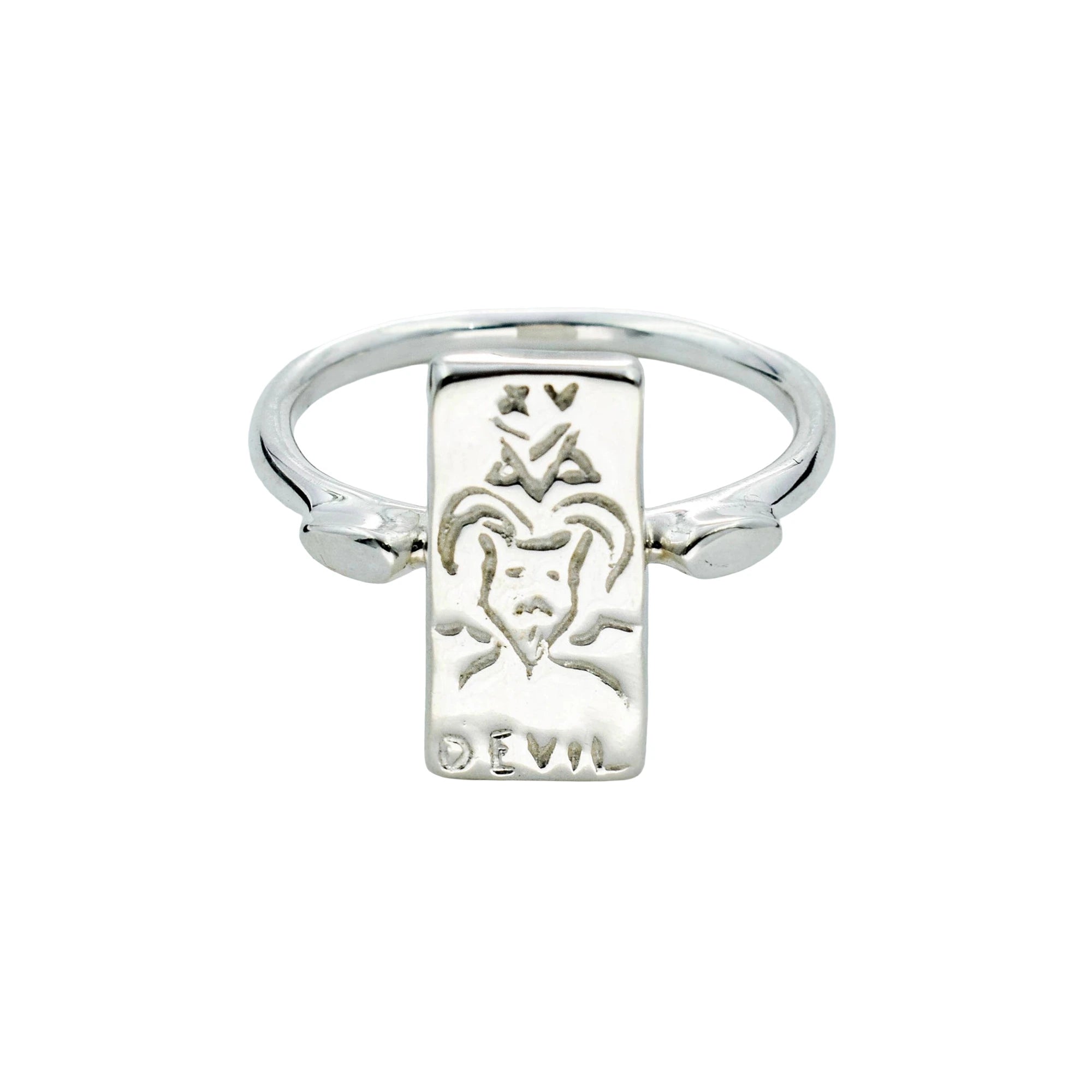 A sterling silver signet ring featuring a rectangular plate engraved with a goat head and the word 'DEVIL', set against a plain white background.