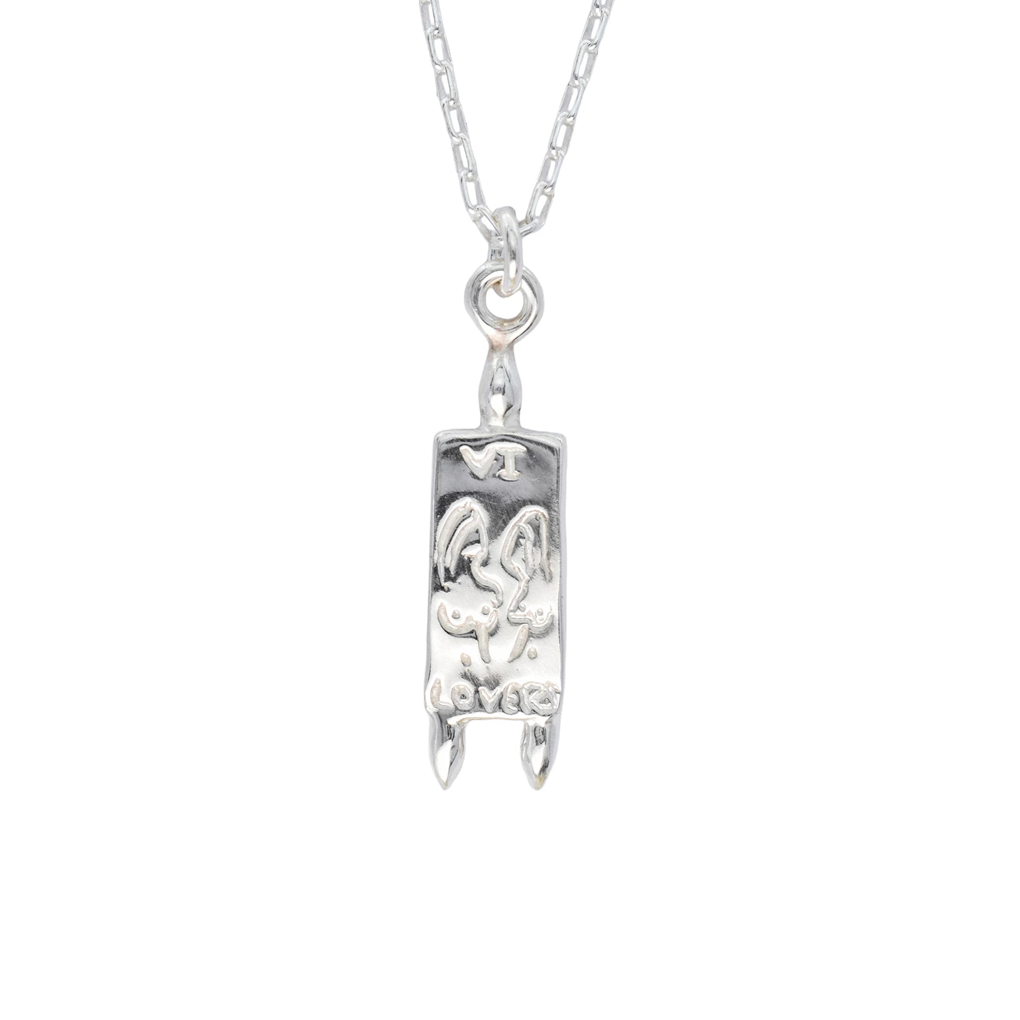 A silver pendant necklace featuring a rectangular scroll charm with an embossed rabbit design, suspended from a delicate silver chain against a plain white background.
