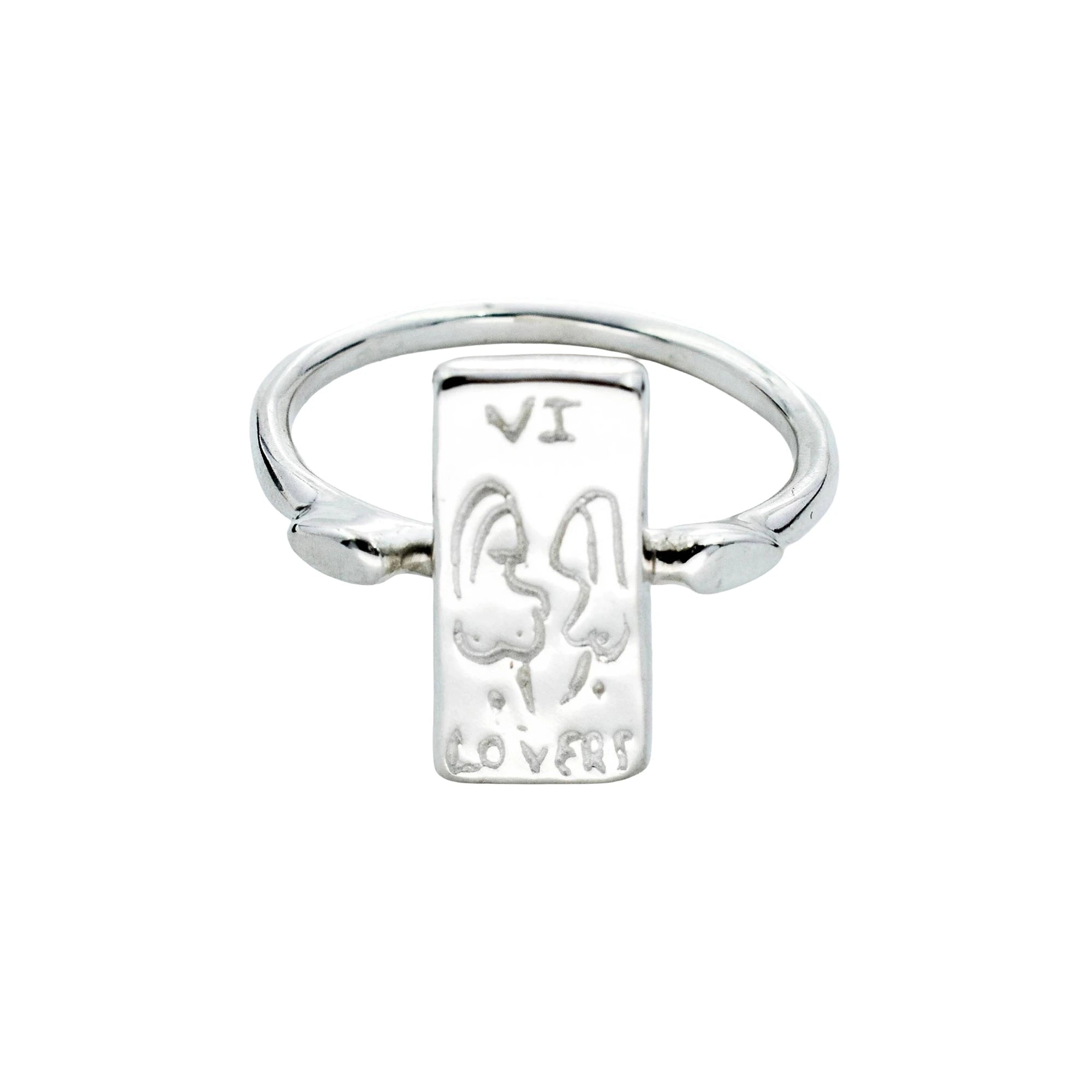 A silver signet ring featuring a rectangular face with an engraved rabbit motif, the Roman numeral VI at the top, and the word 'LOVE' at the bottom, shown on a plain white background.