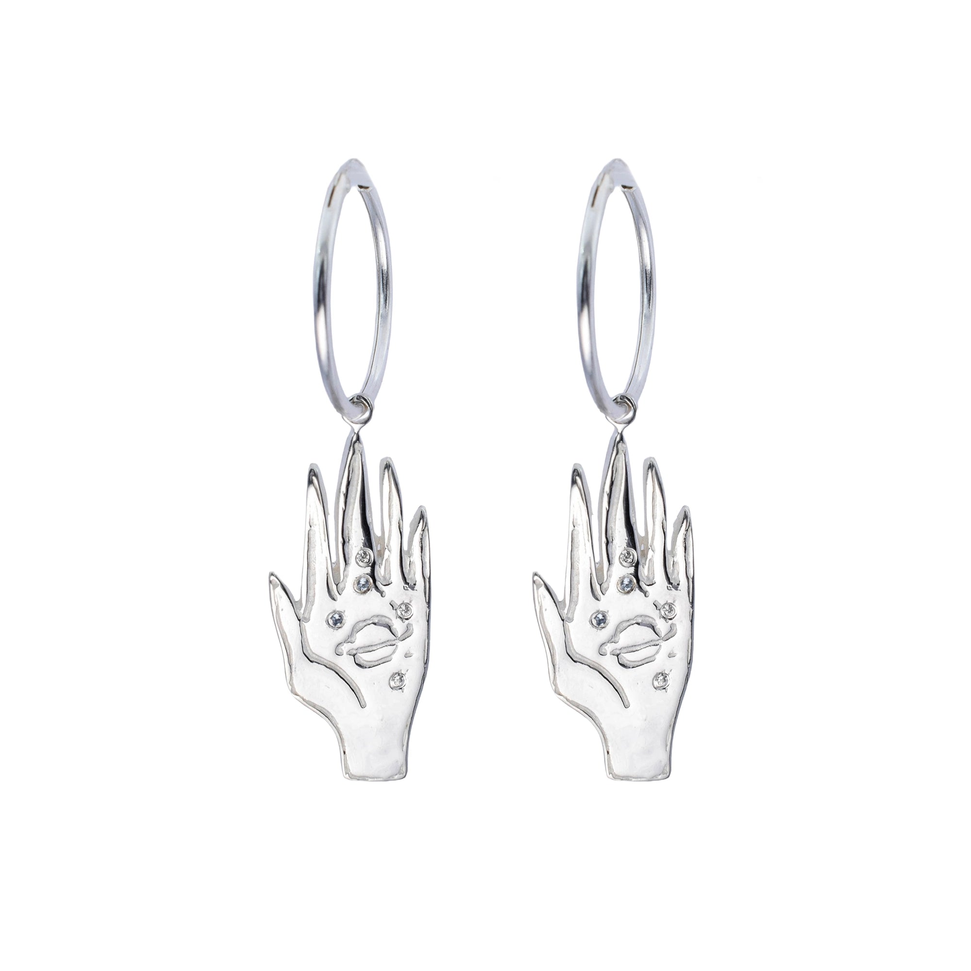 Silver hand-shaped earrings on a white background