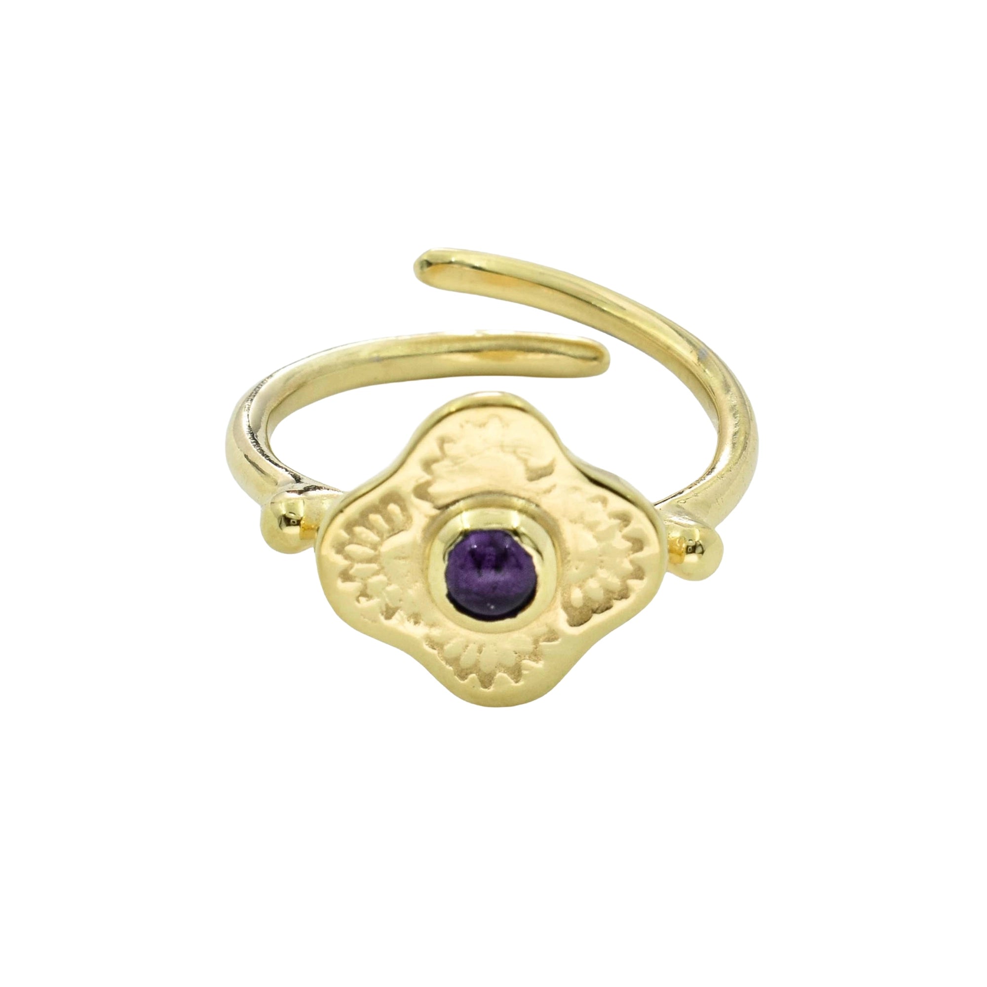 Silver Adjustable Clover Ring – Engraved Floral Gemstone Open Band Ring