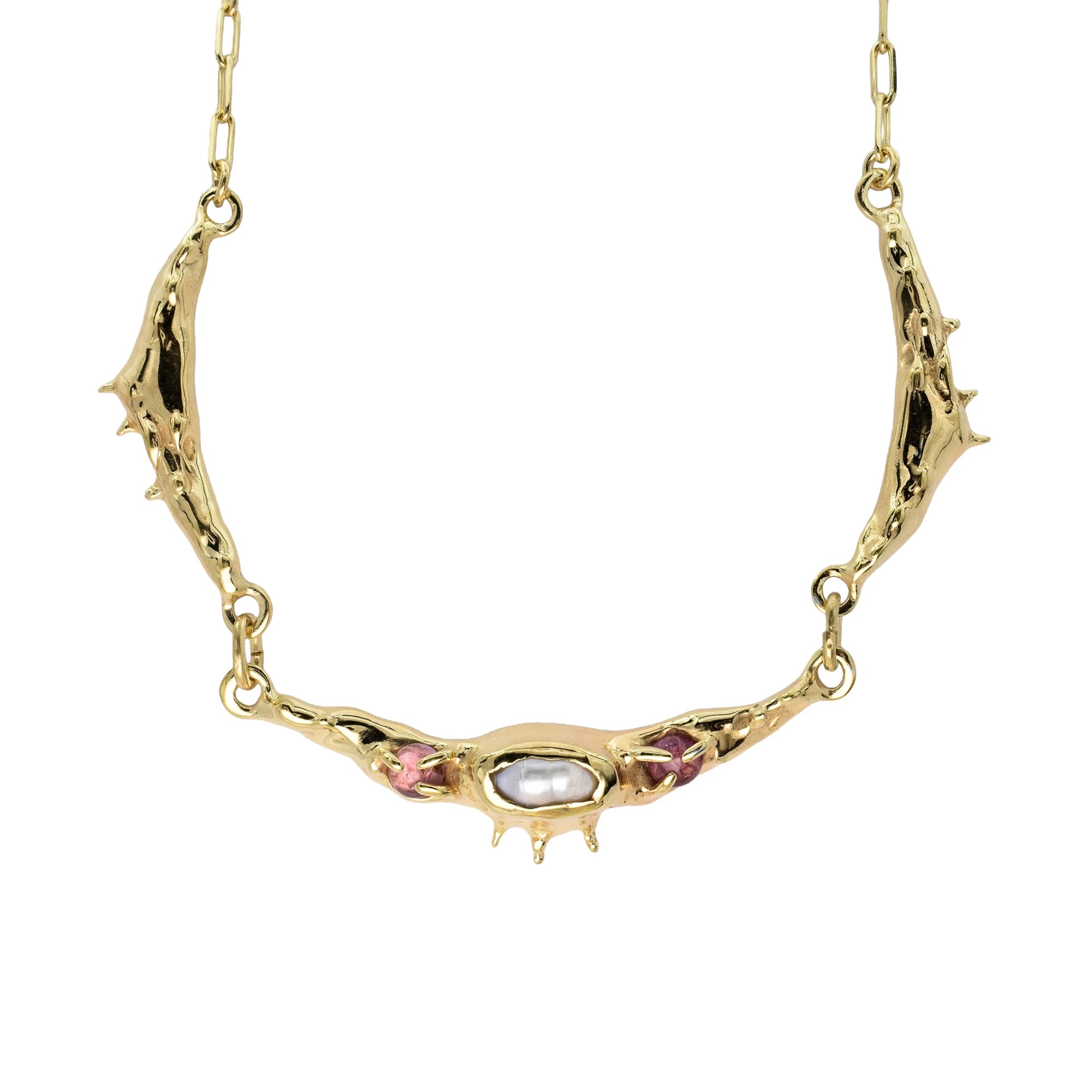 Raw necklace with baroque pearl and pink tourmalines