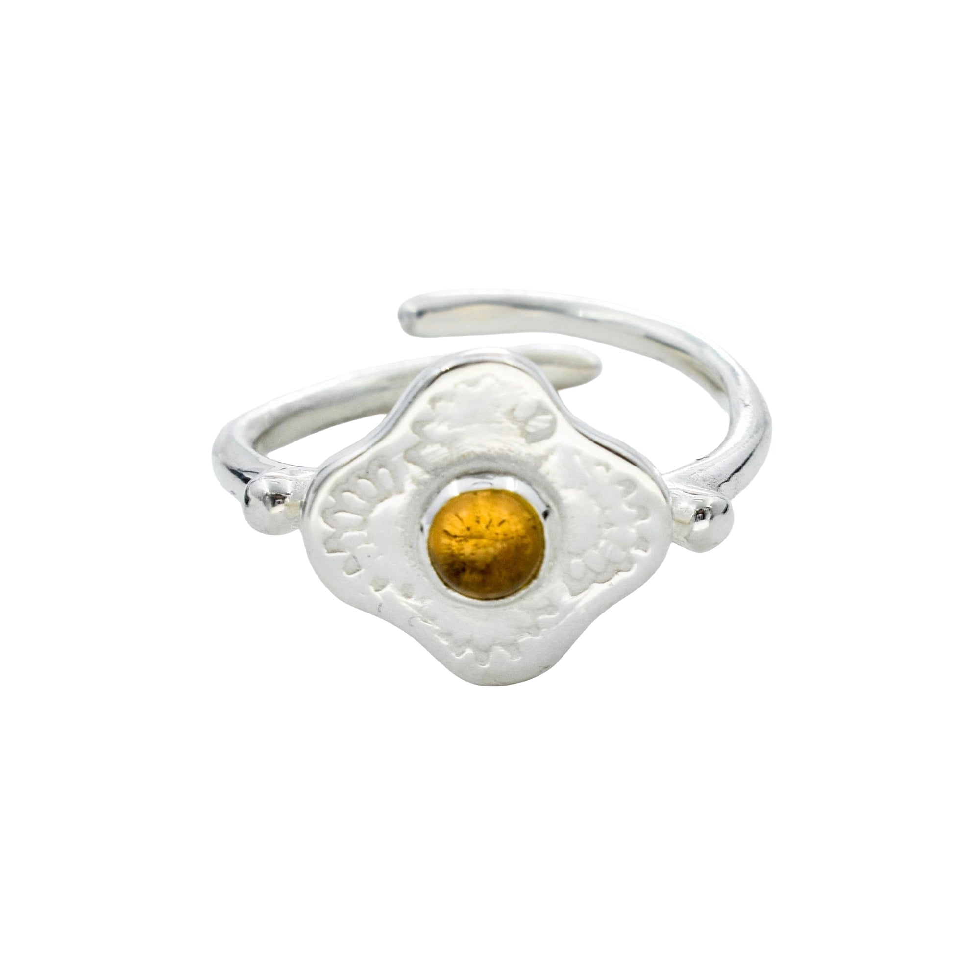 Silver Adjustable Clover Ring – Engraved Floral Gemstone Open Band Ring