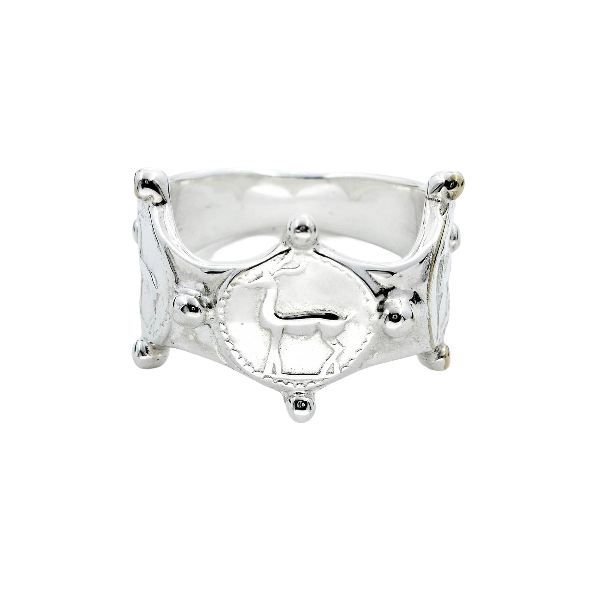 A silver crown-shaped ring featuring an embossed deer in the center, set against a plain white background.
