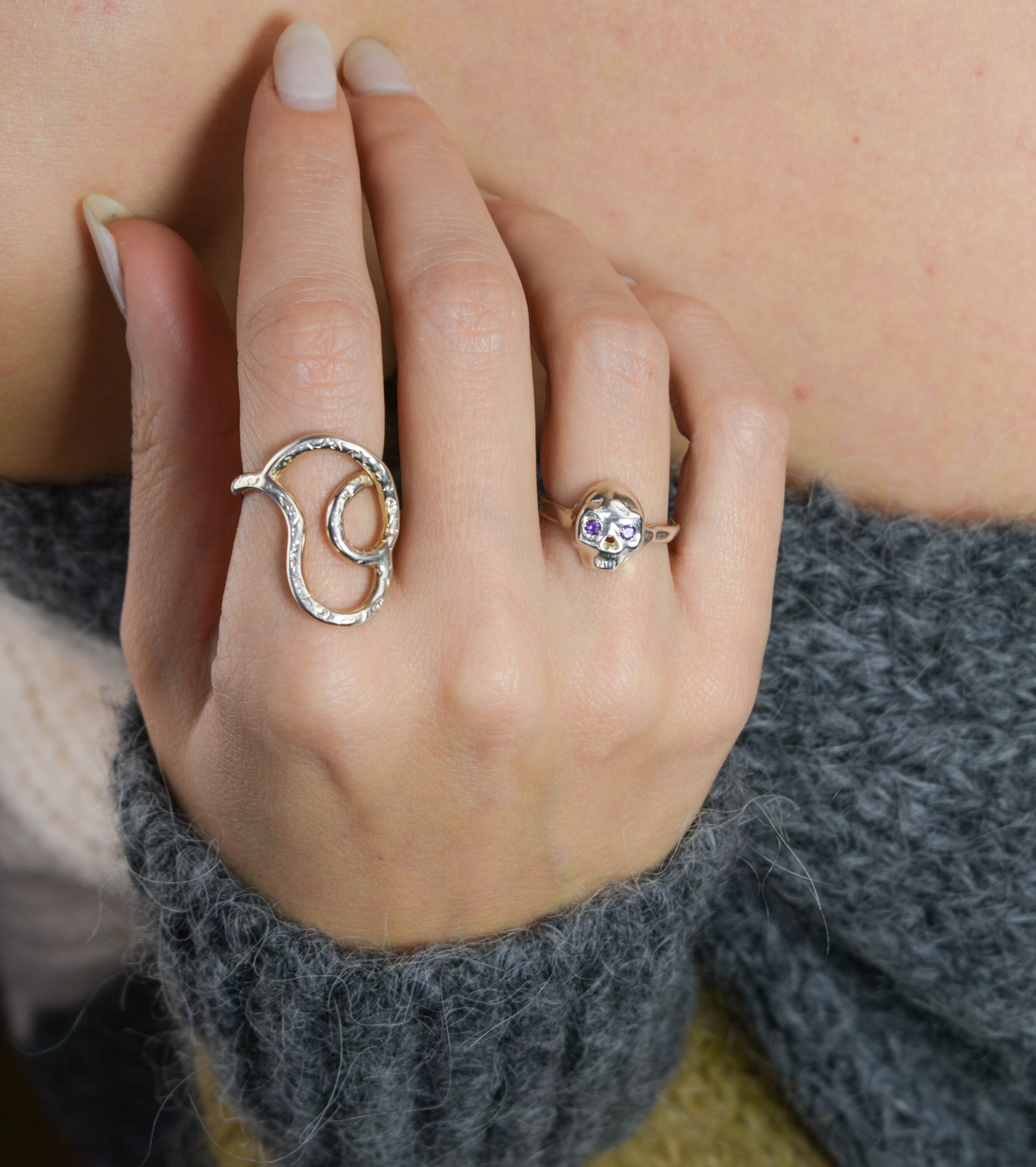 Sterling silver skull ring with amethysts