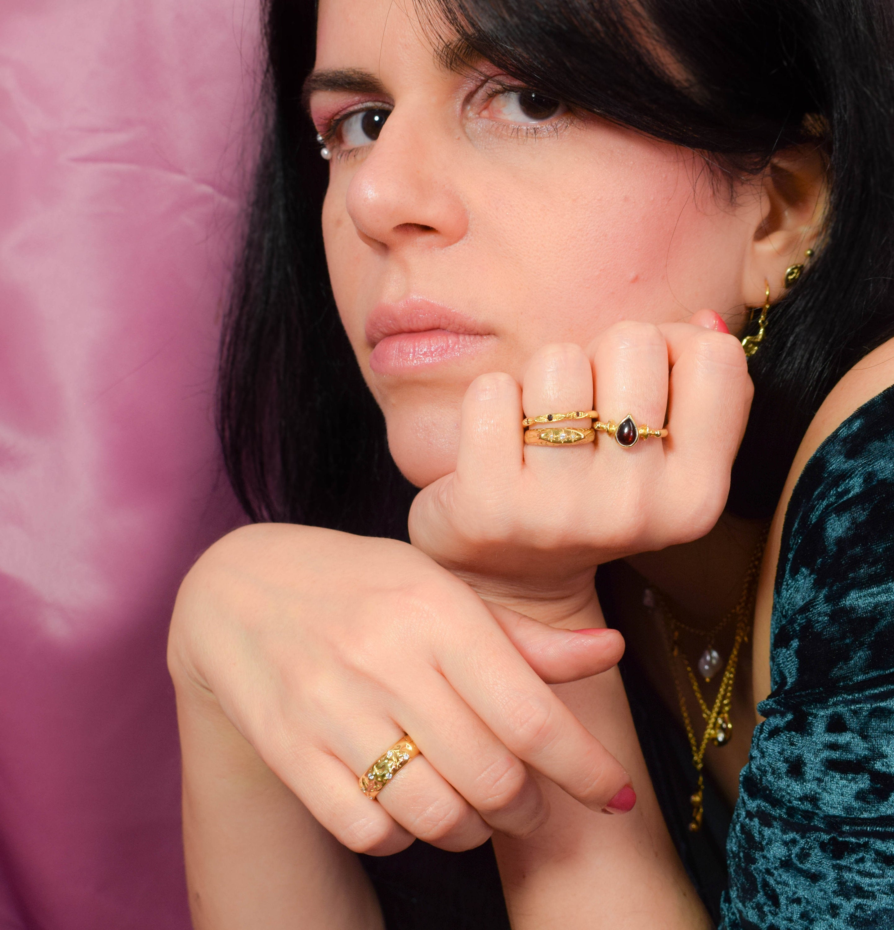 Wide band rings with clear crystals