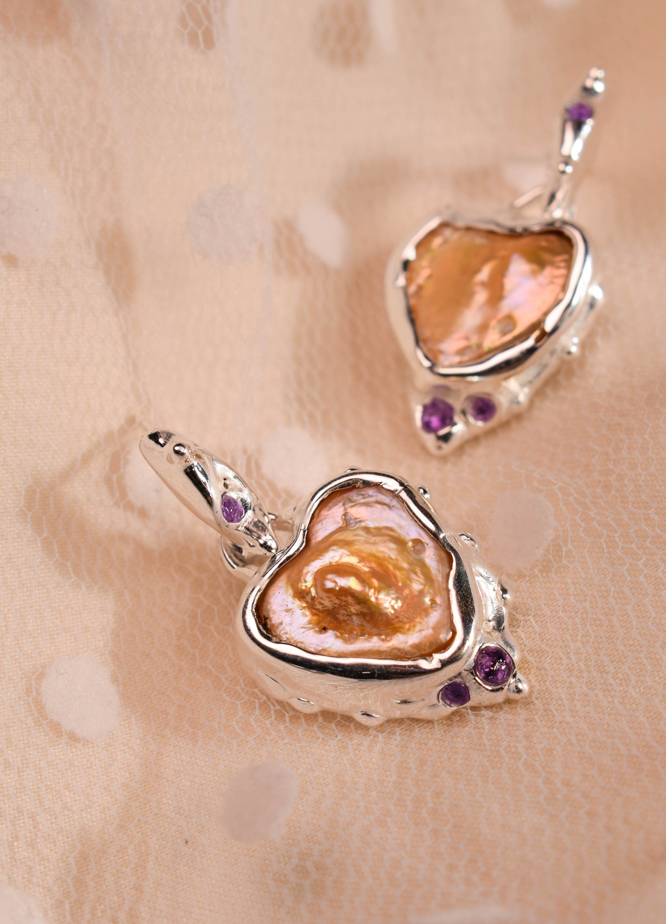 Heart statement earrings with mother of pearls hearts and amethyst