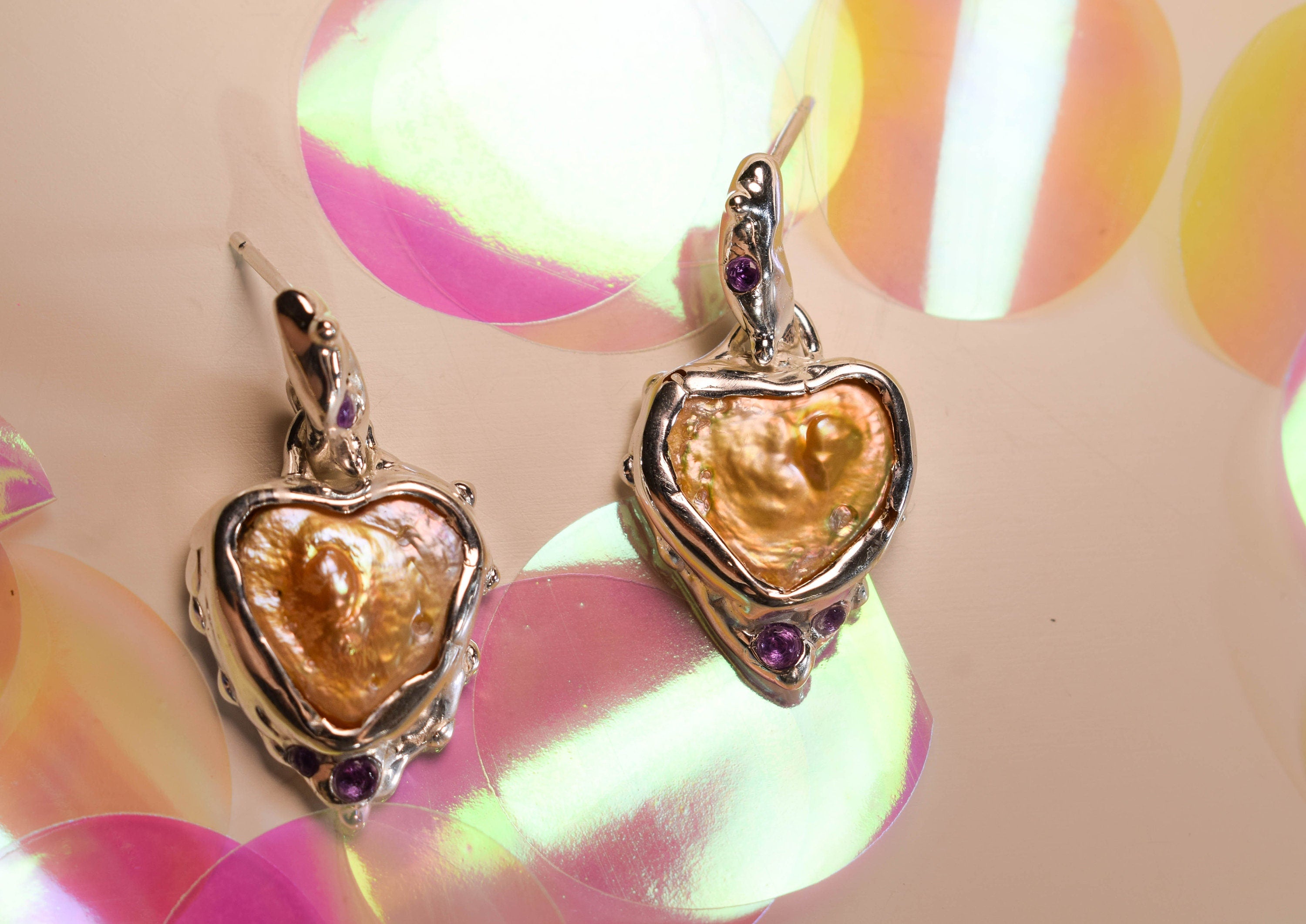 Heart statement earrings with mother of pearls hearts and amethyst