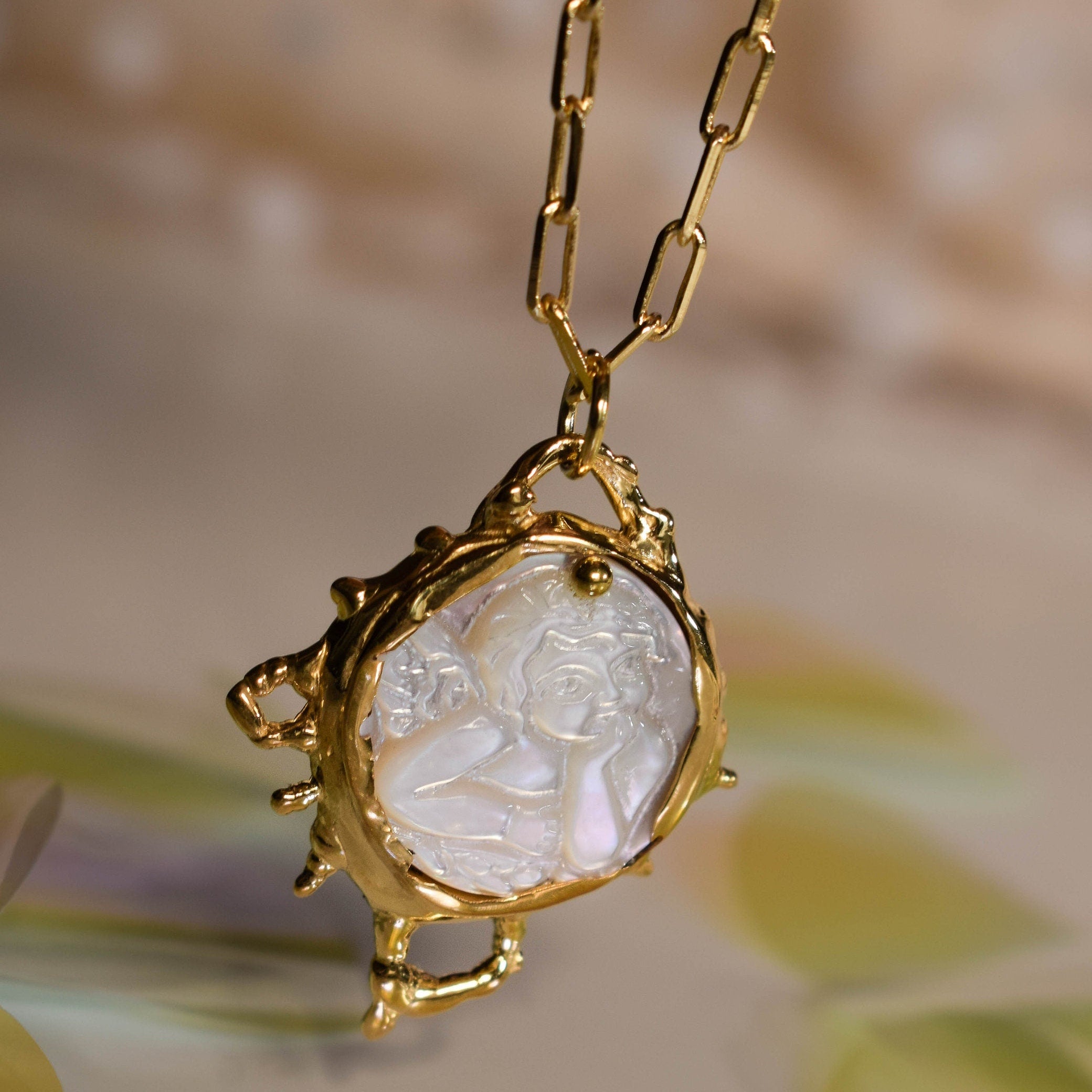 Mother of pearl cupid cameo necklace