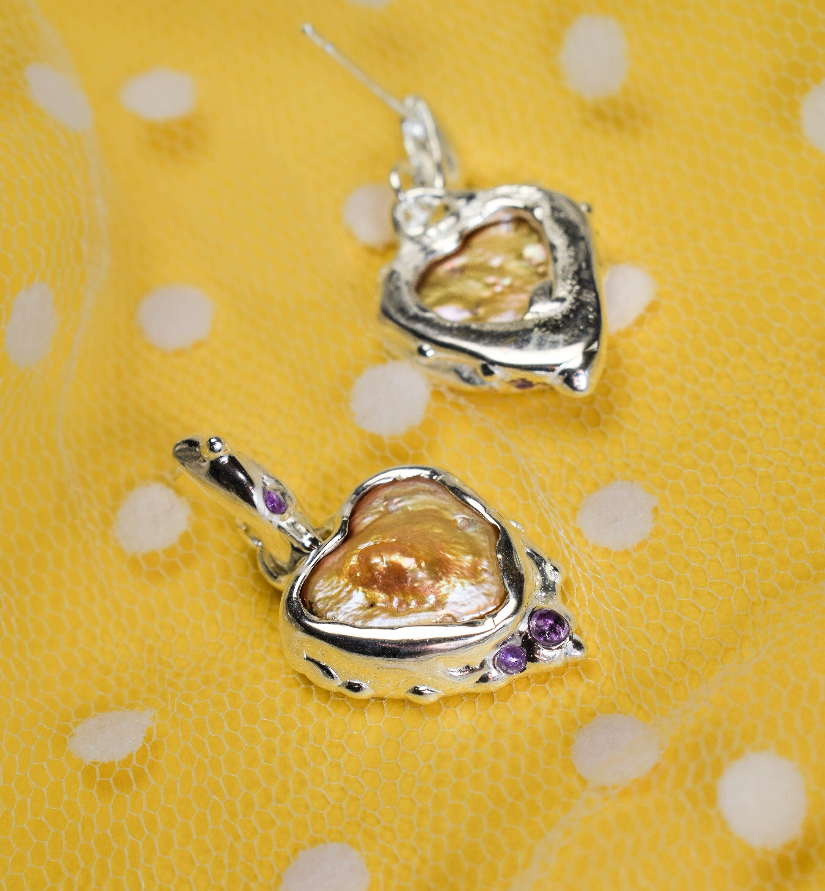 Heart statement earrings with mother of pearls hearts and amethyst