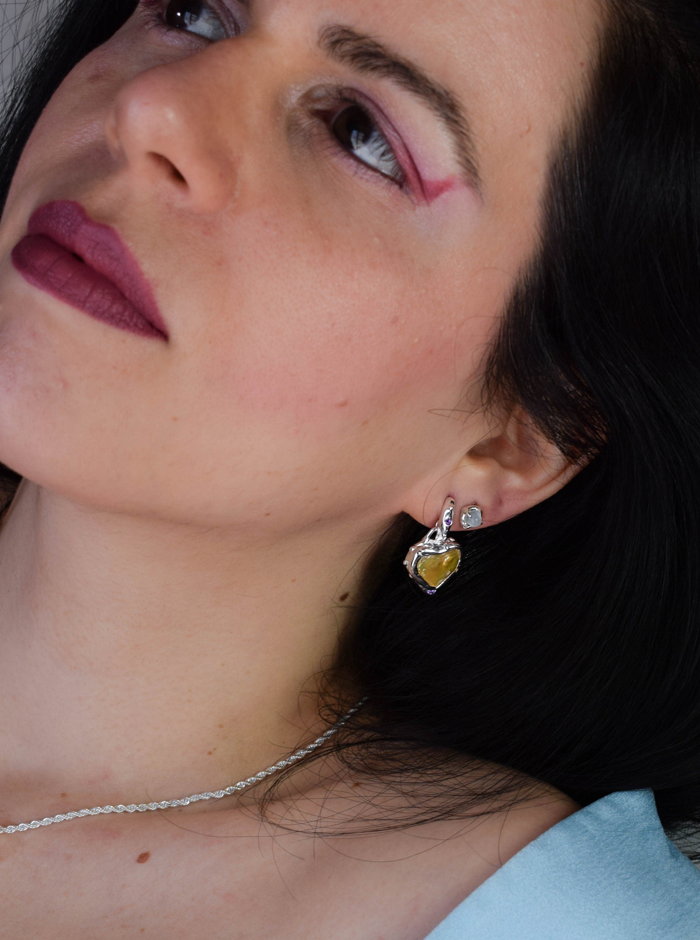 Heart statement earrings with mother of pearls hearts and amethyst