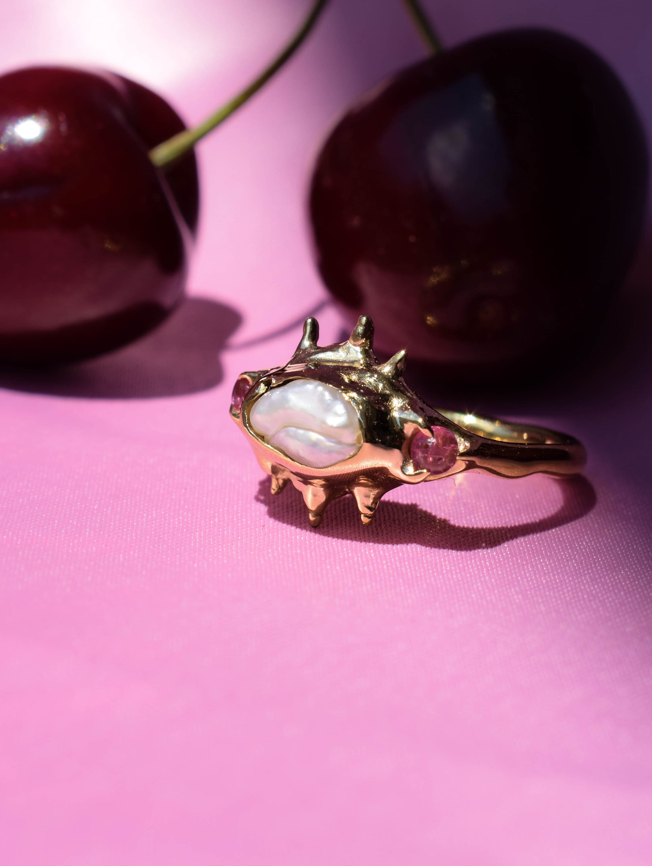 Raw irregular pearl and pink tourmaline ring