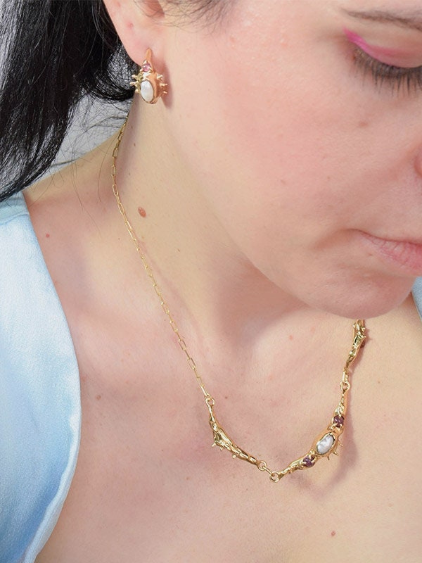 Raw necklace with irregular pearl and pink tourmalines