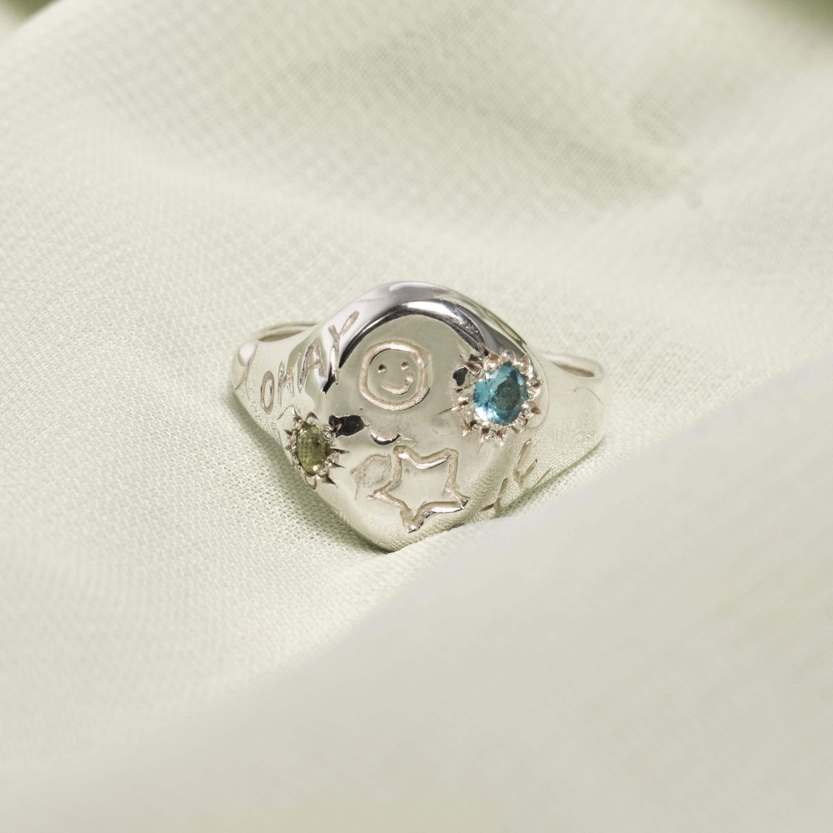 OOAK signet ring with zirconia and cute designs size 6 1/2