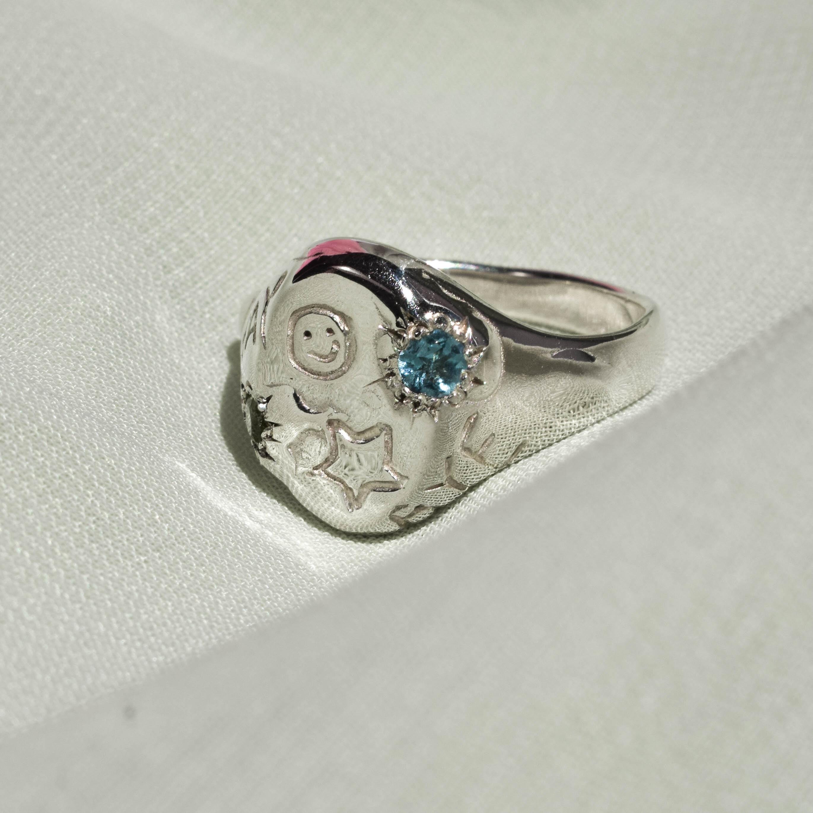 OOAK signet ring with zirconia and cute designs size 6 1/2