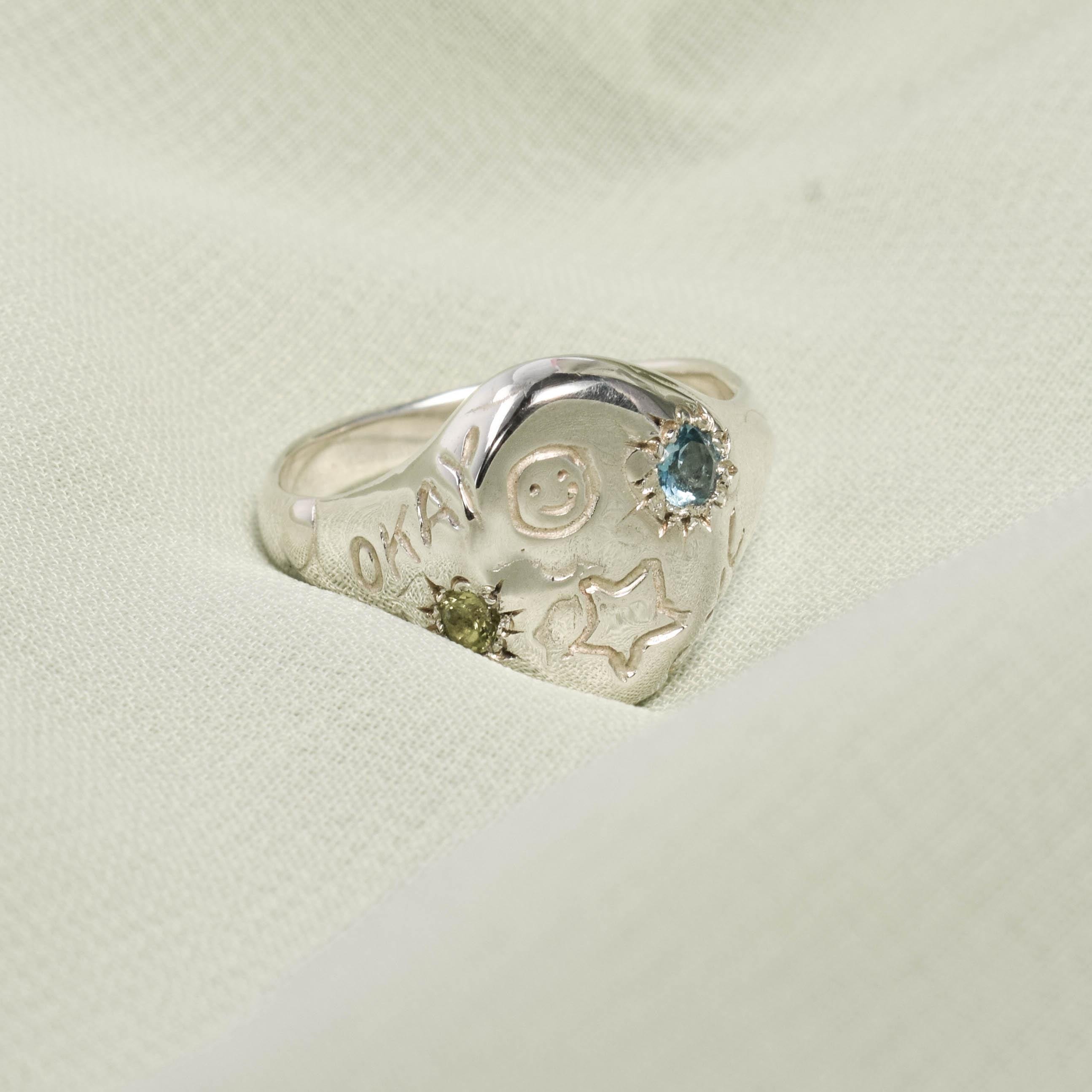 OOAK signet ring with zirconia and cute designs size 6 1/2