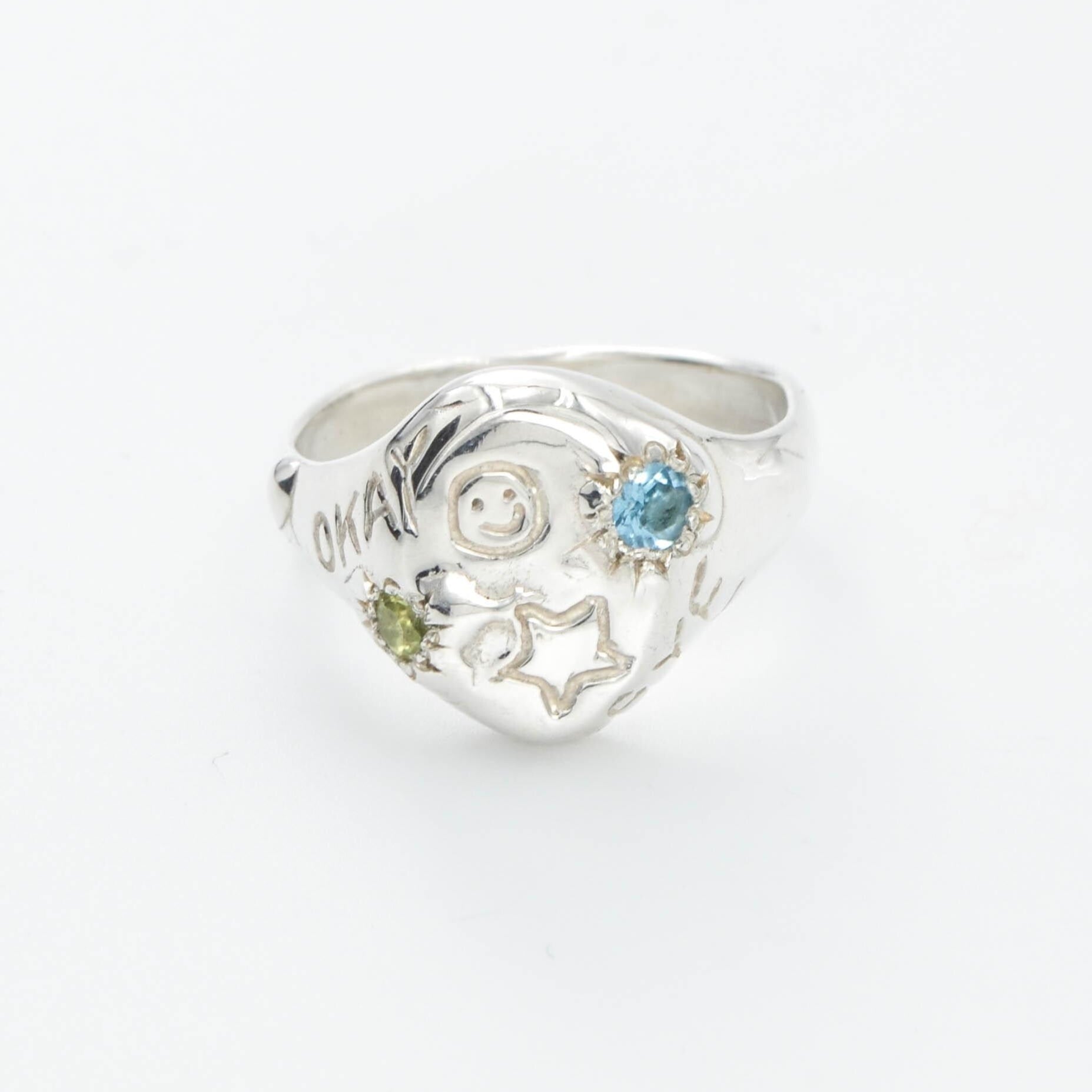 OOAK signet ring with zirconia and cute designs size 6 1/2