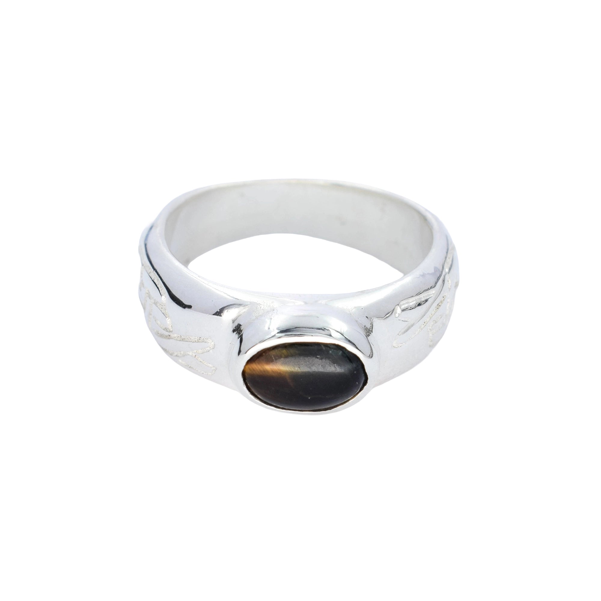 A sterling silver ring featuring a textured band and an oval cabochon gemstone with a tiger's eye pattern of brown and black, set against a plain white background.
