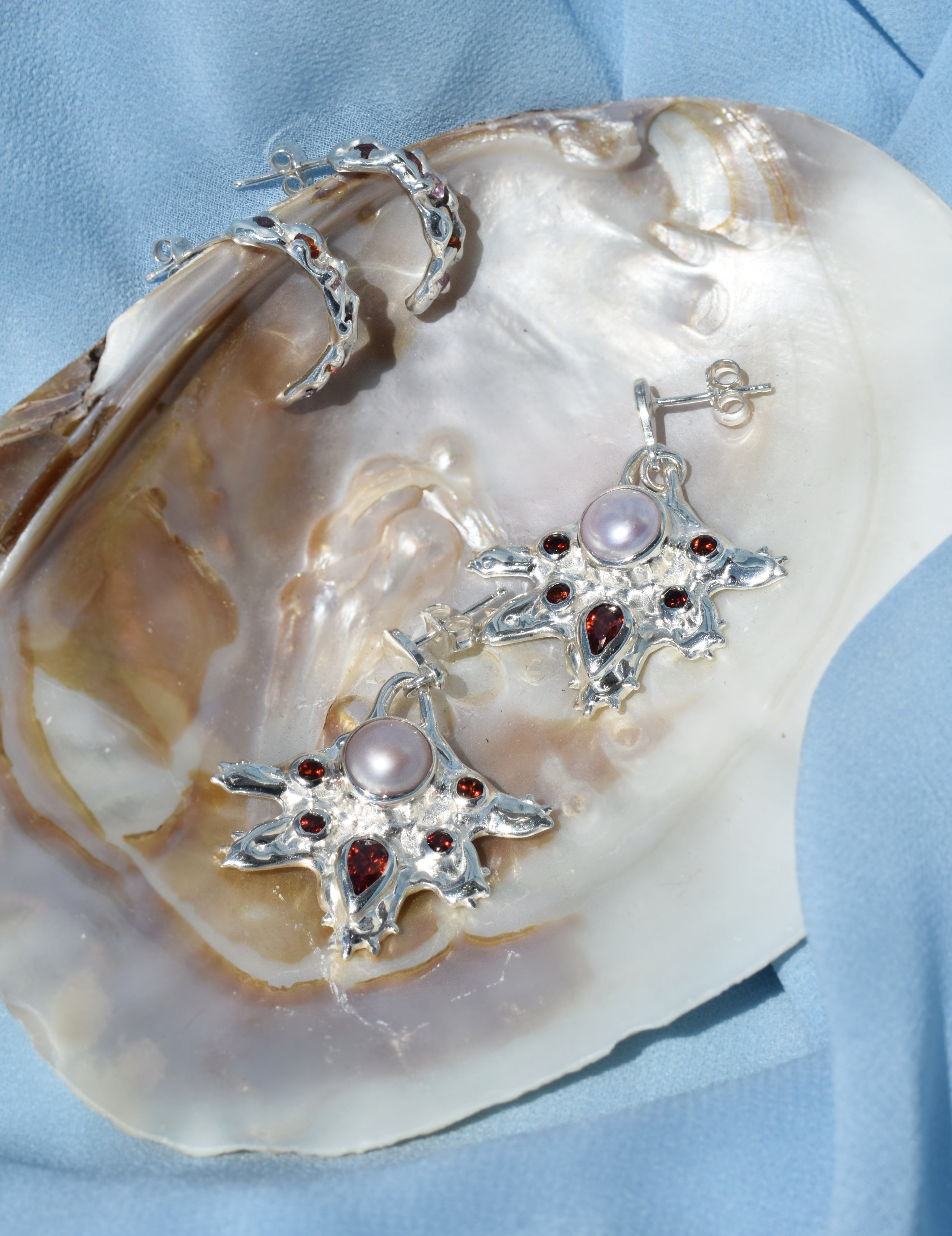 Sterling silver statement earrings with pink pearls & red garnets