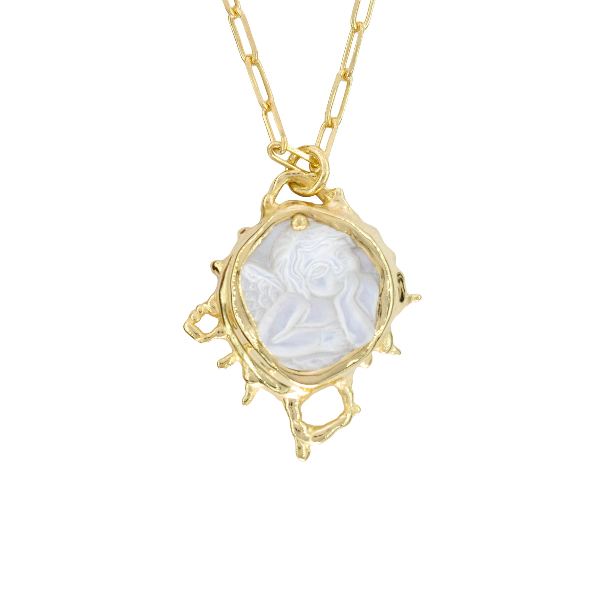 A gold pendant necklace featuring a circular white mother-of-pearl carved medallion of a classical figure, set in an organic, textured gold frame on a matching gold chain, shown against a plain white background.