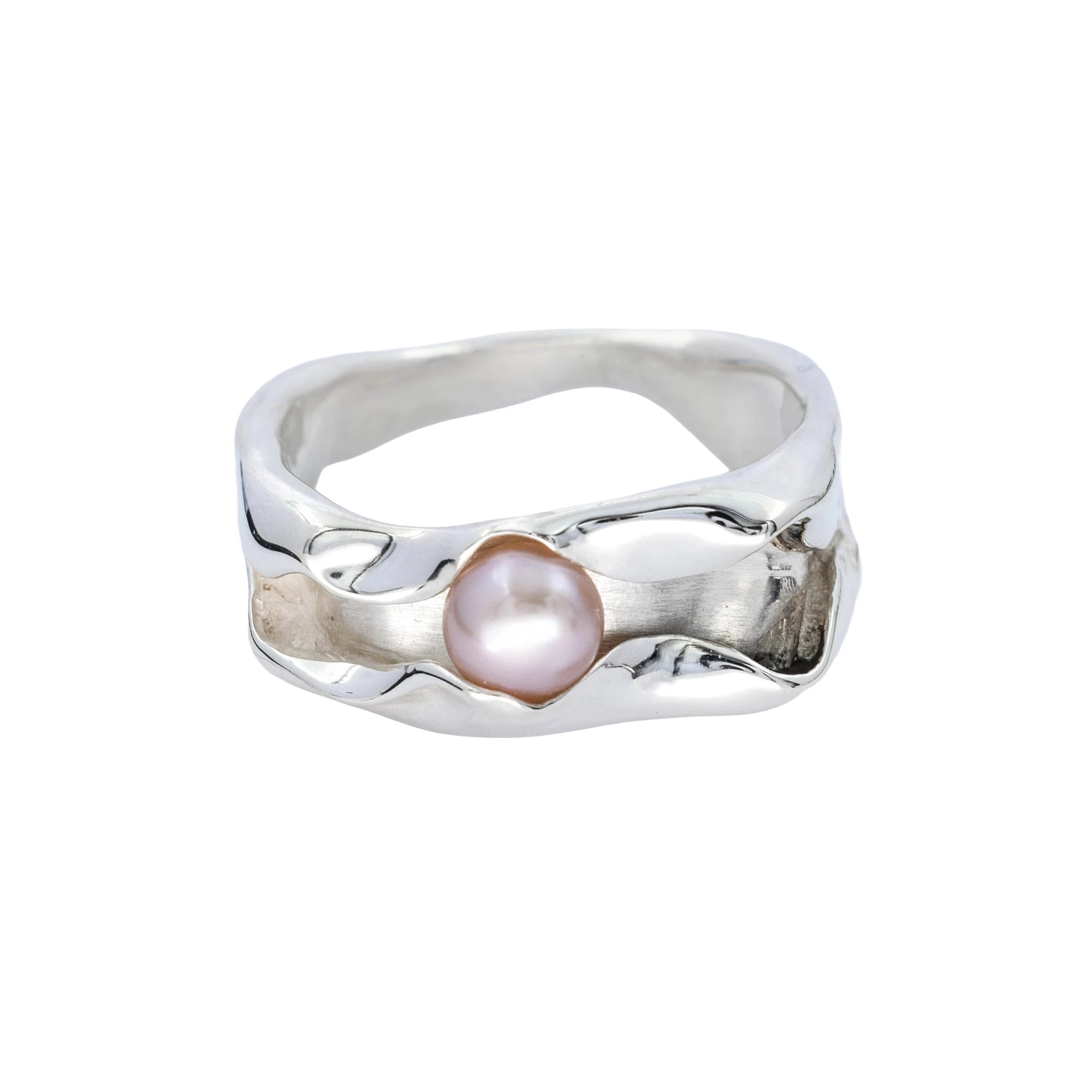 Silver ring with a pink pearl on a white background