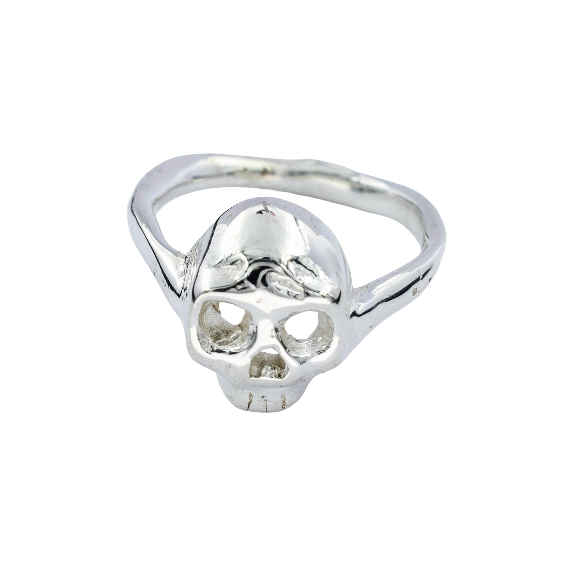 A sterling silver skull ring with a polished finish, shown on a plain white background.