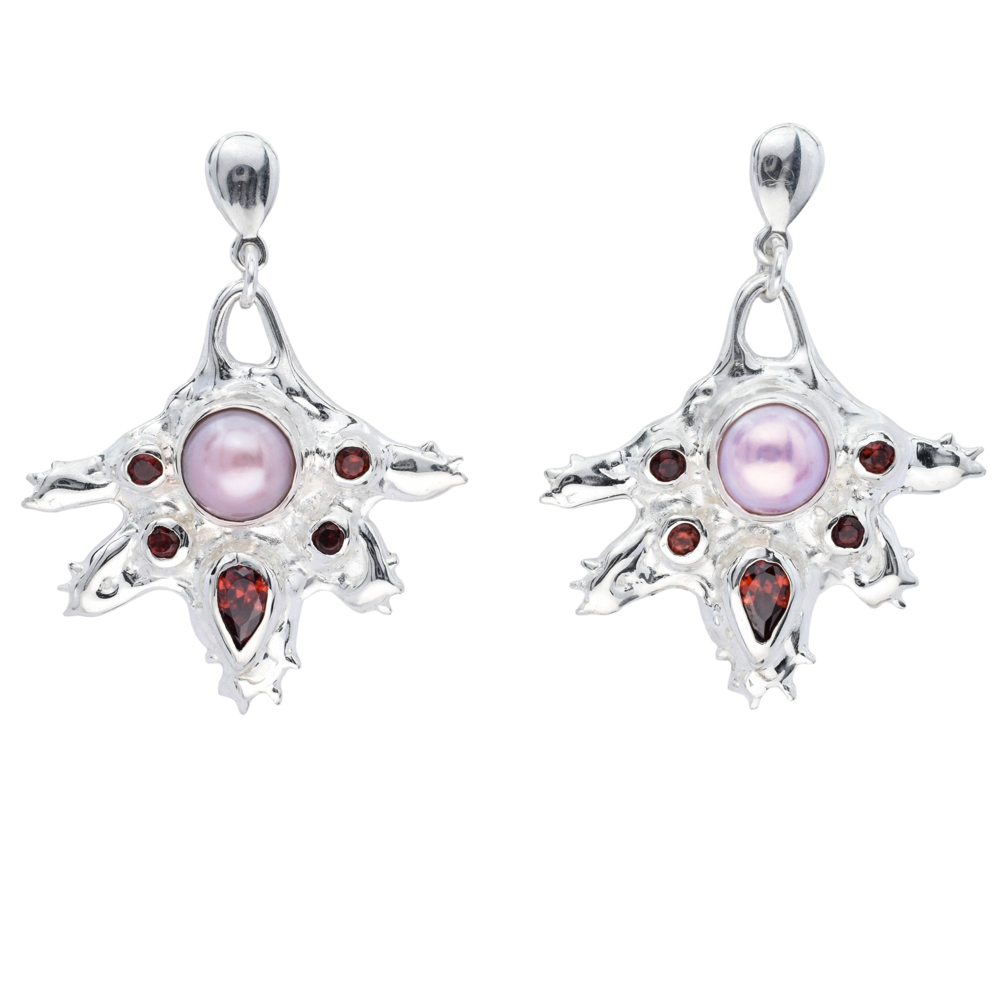 statement silver 925 earrings with pink pearls and red garnets