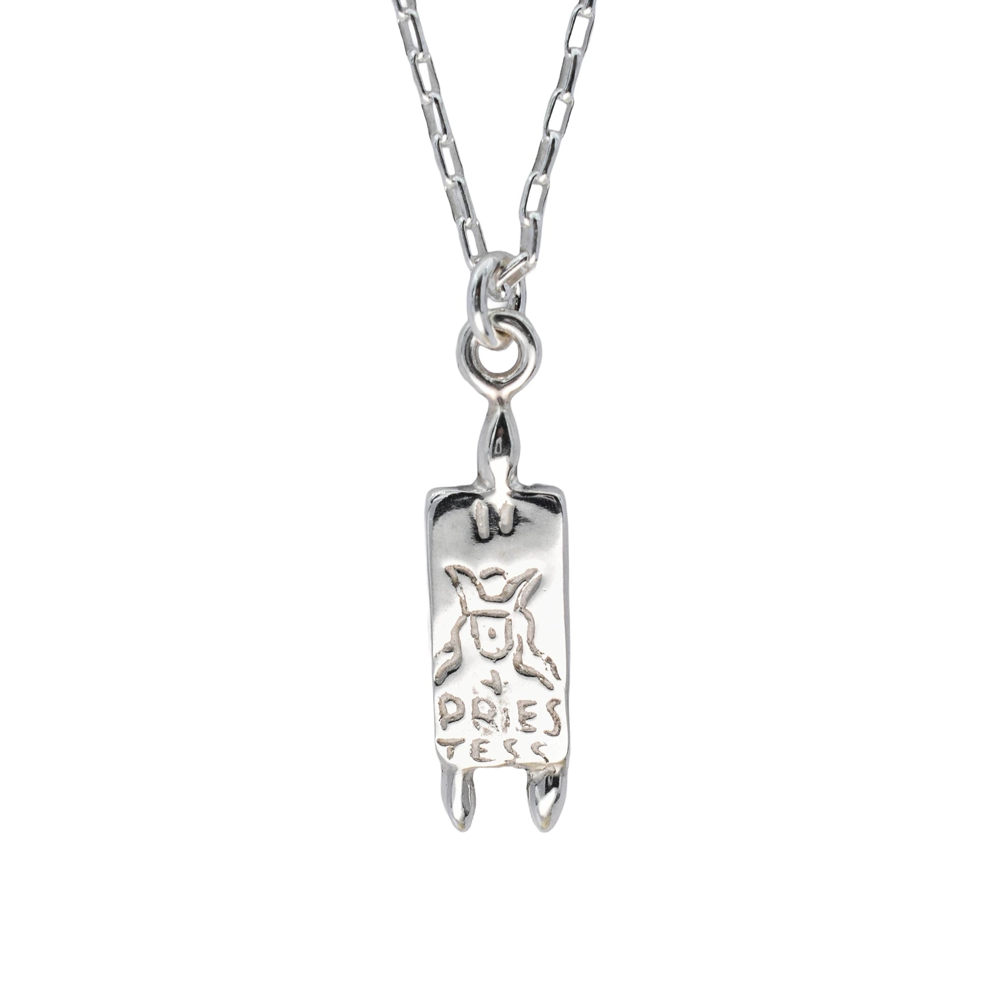 A silver pendant necklace featuring a rectangular charm engraved with a goat head and the words 'PRIES TESS', suspended from a silver link chain against a plain white background.