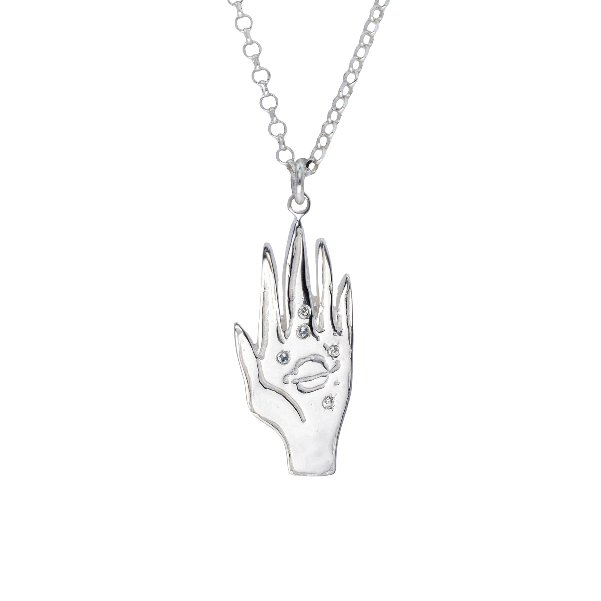 Silver hand-shaped pendant on a chain against a white background