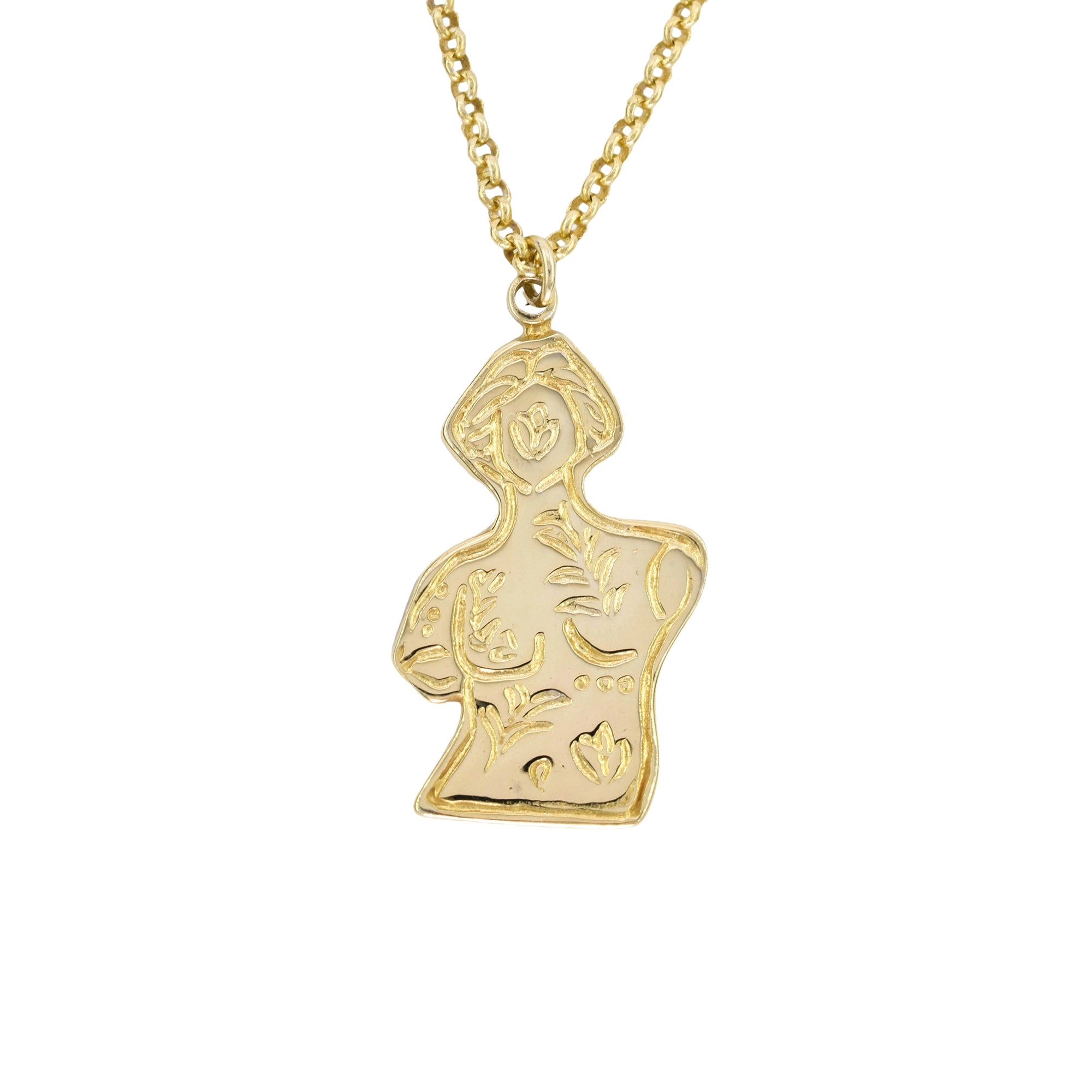 A gold pendant necklace featuring a stylized female figure with floral engravings, suspended from a gold chain against a plain white background.
