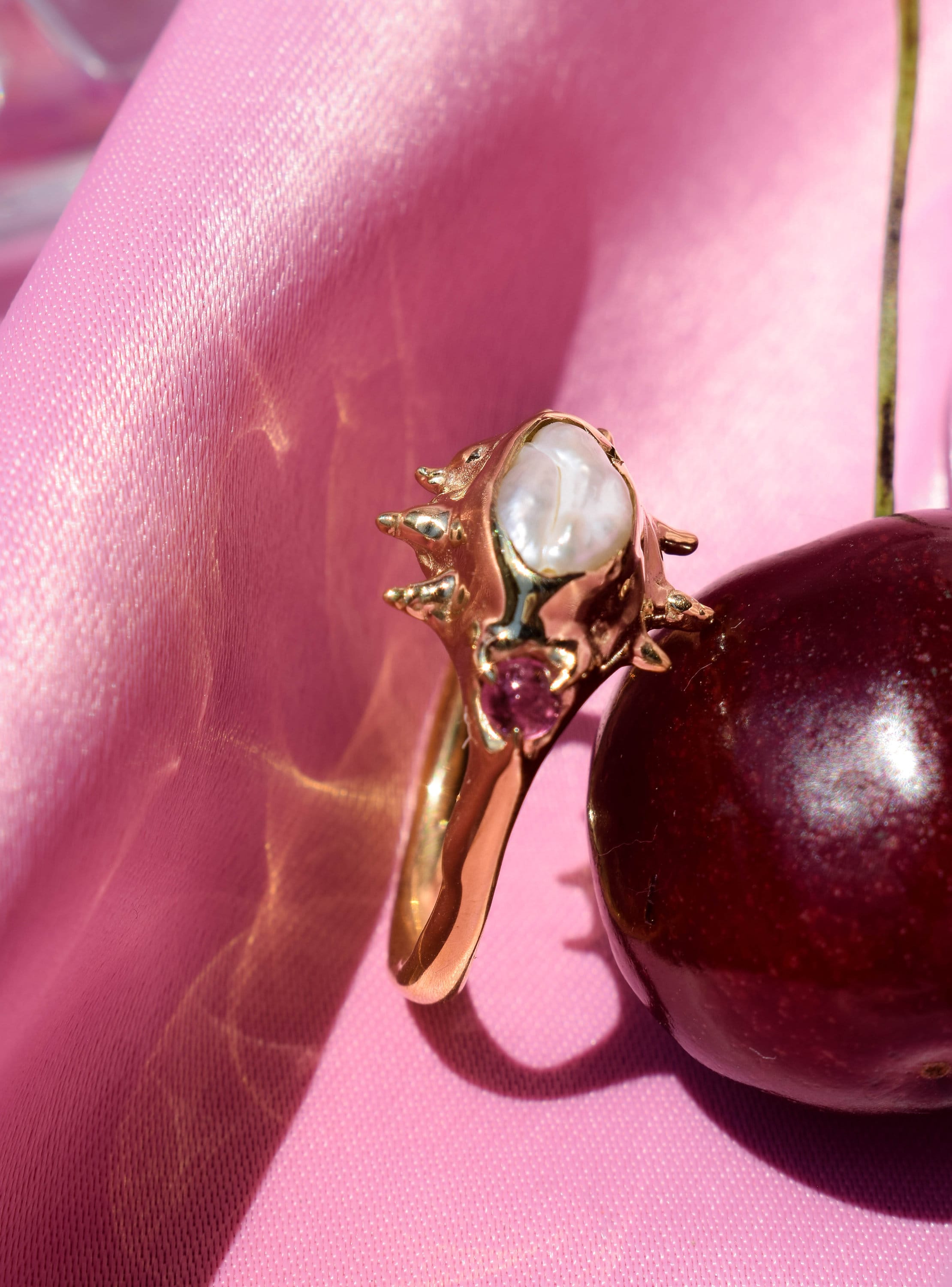 Raw irregular pearl and pink tourmaline ring