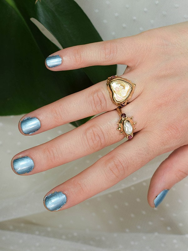 Raw irregular pearl and pink tourmaline ring