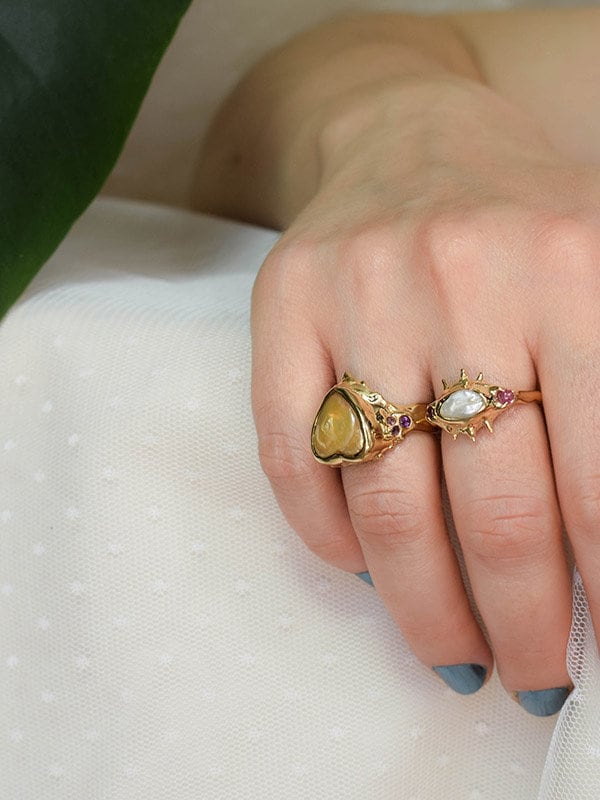 Raw irregular pearl and pink tourmaline ring