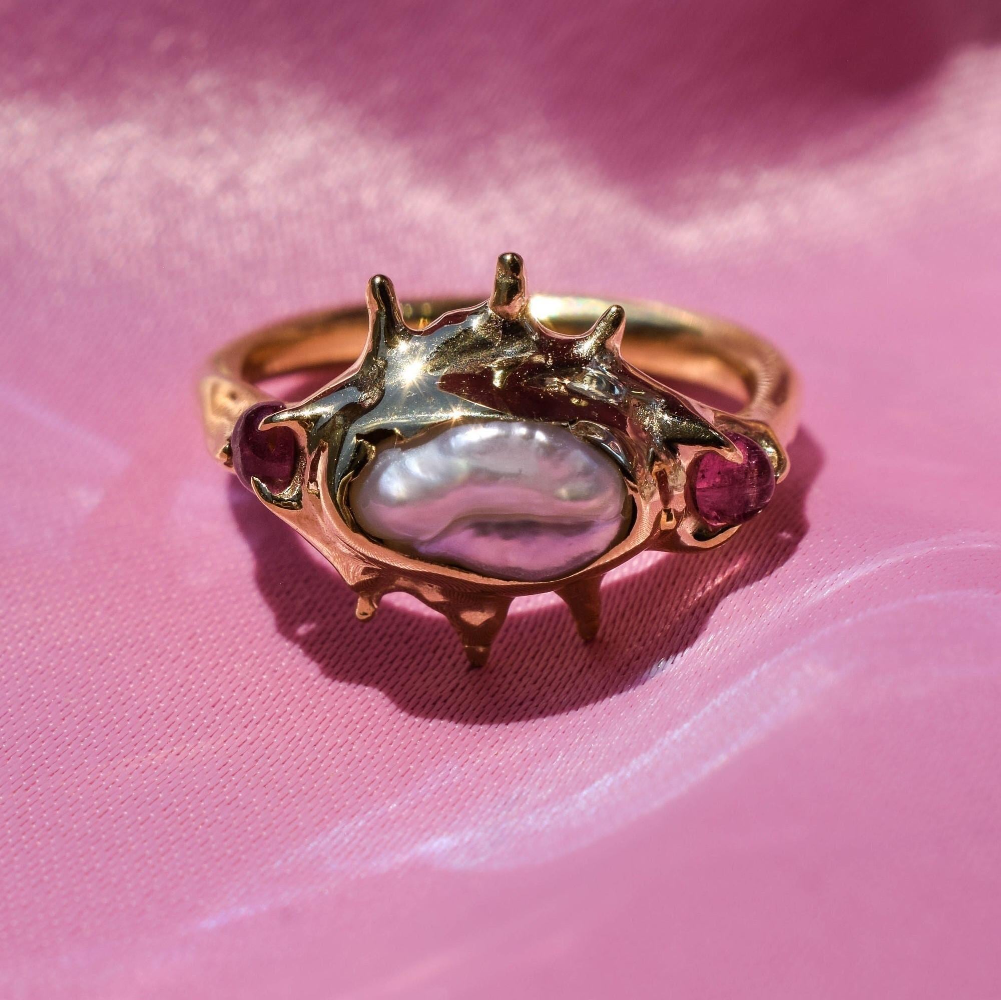 Raw irregular pearl and pink tourmaline ring